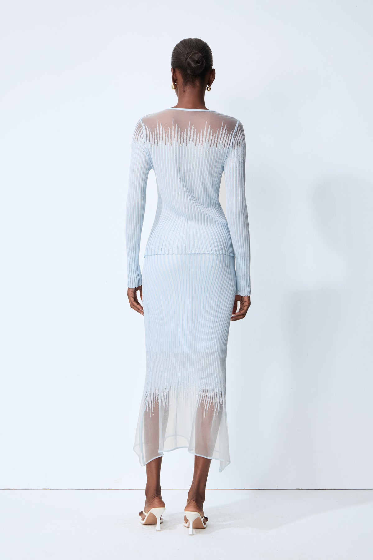 Lazy Day Blue Rhinestone Sheer Knit Top & Skirt Set