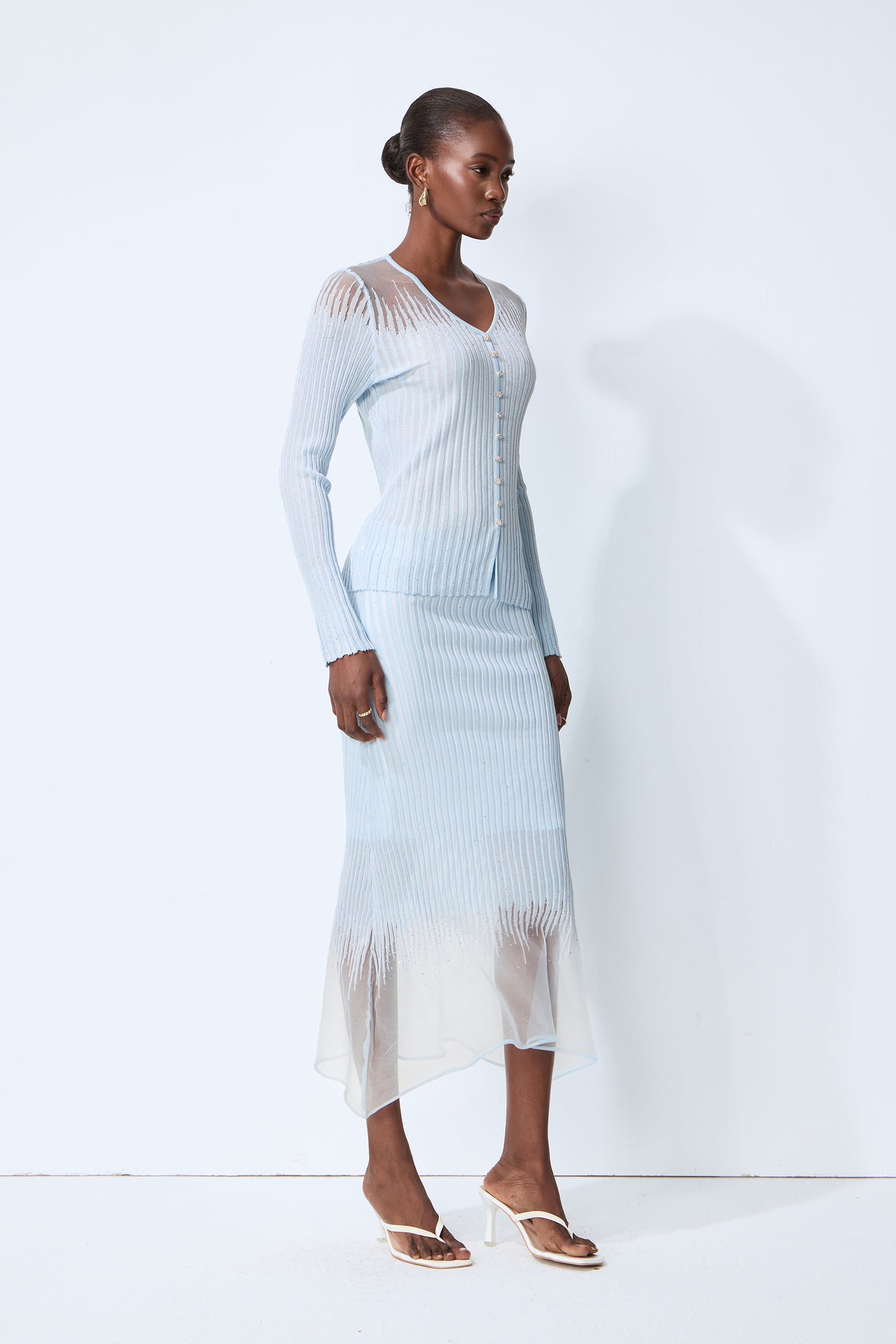 Lazy Day Blue Rhinestone Sheer Knit Top & Skirt Set