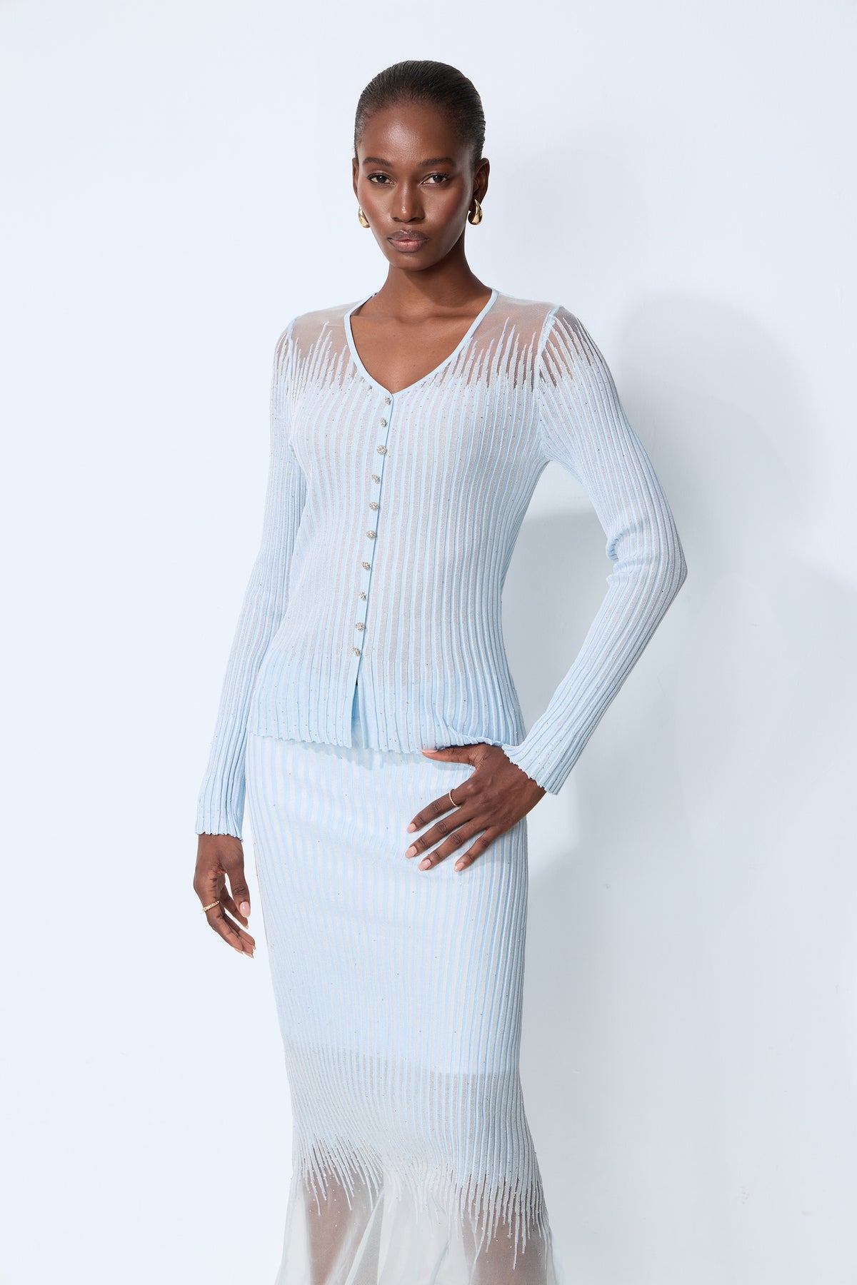 Lazy Day Blue Rhinestone Sheer Knit Top & Skirt Set