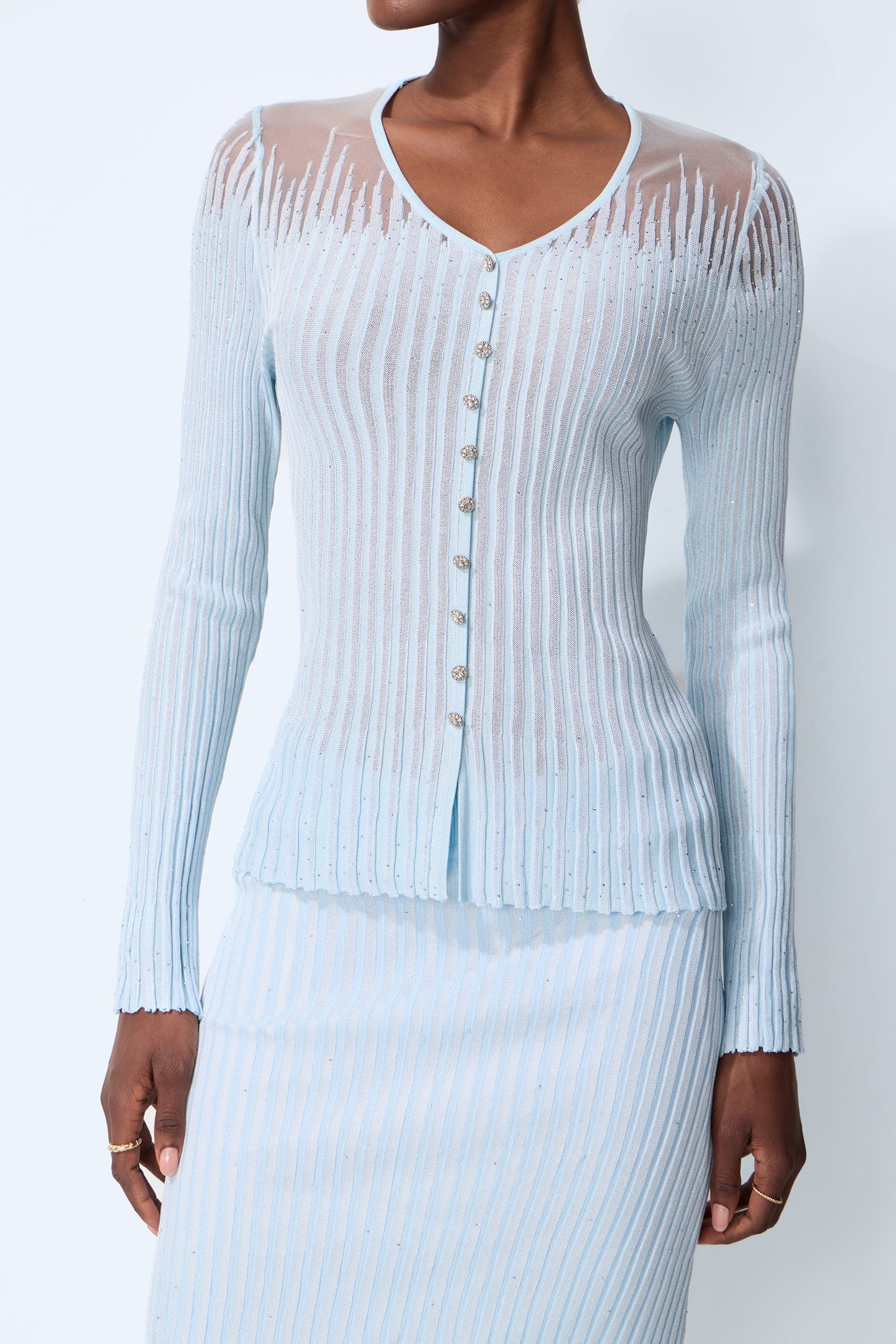 Lazy Day Blue Rhinestone Sheer Knit Top & Skirt Set