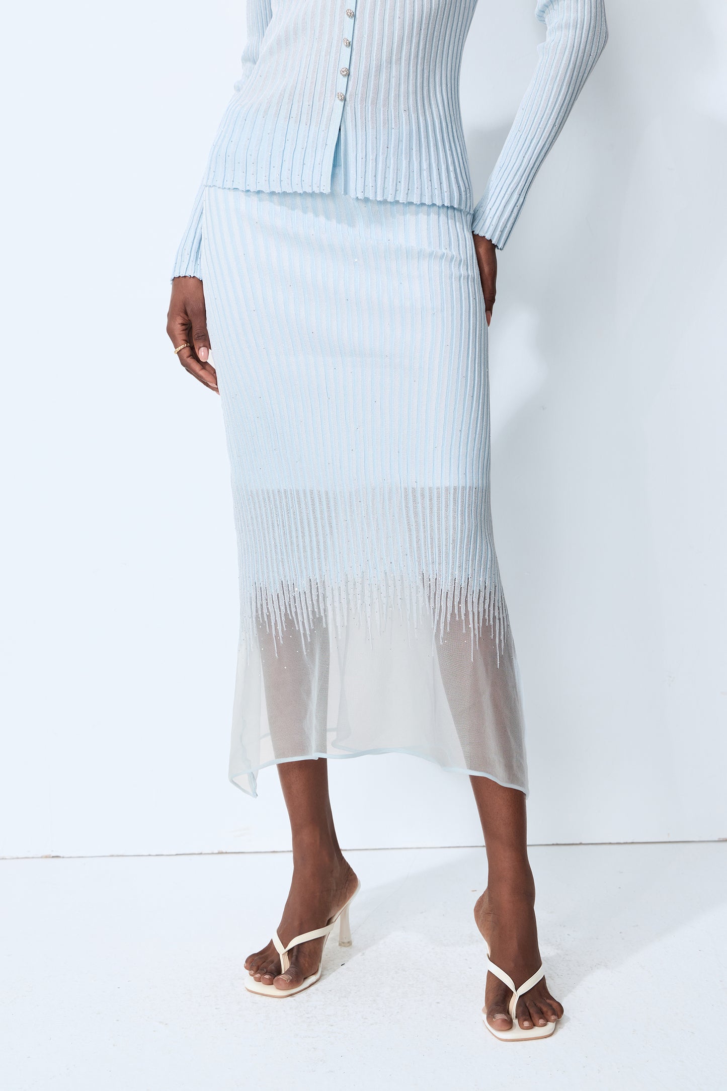 Lazy Day Blue Rhinestone Sheer Knit Top & Skirt Set