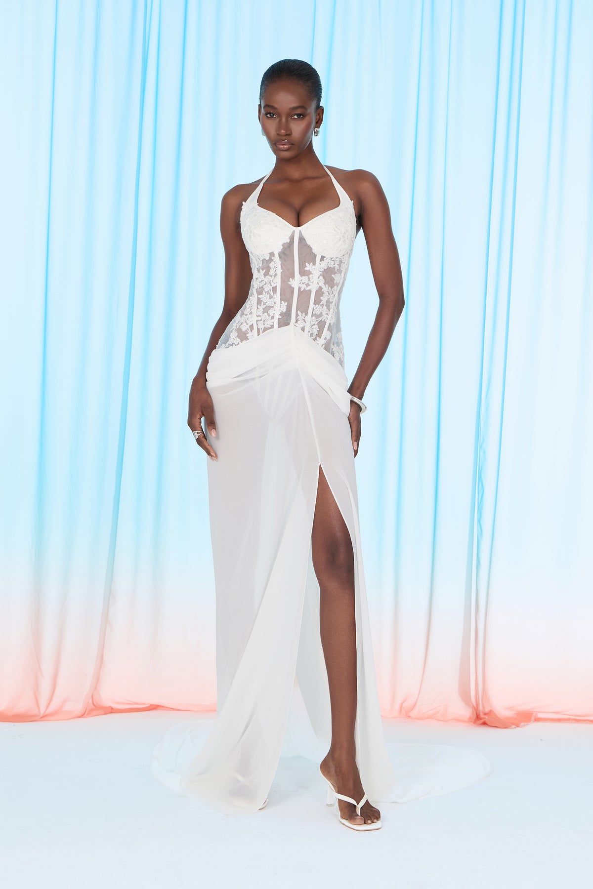 Sultry Persona White Lace Corset High Slit Maxi Dress