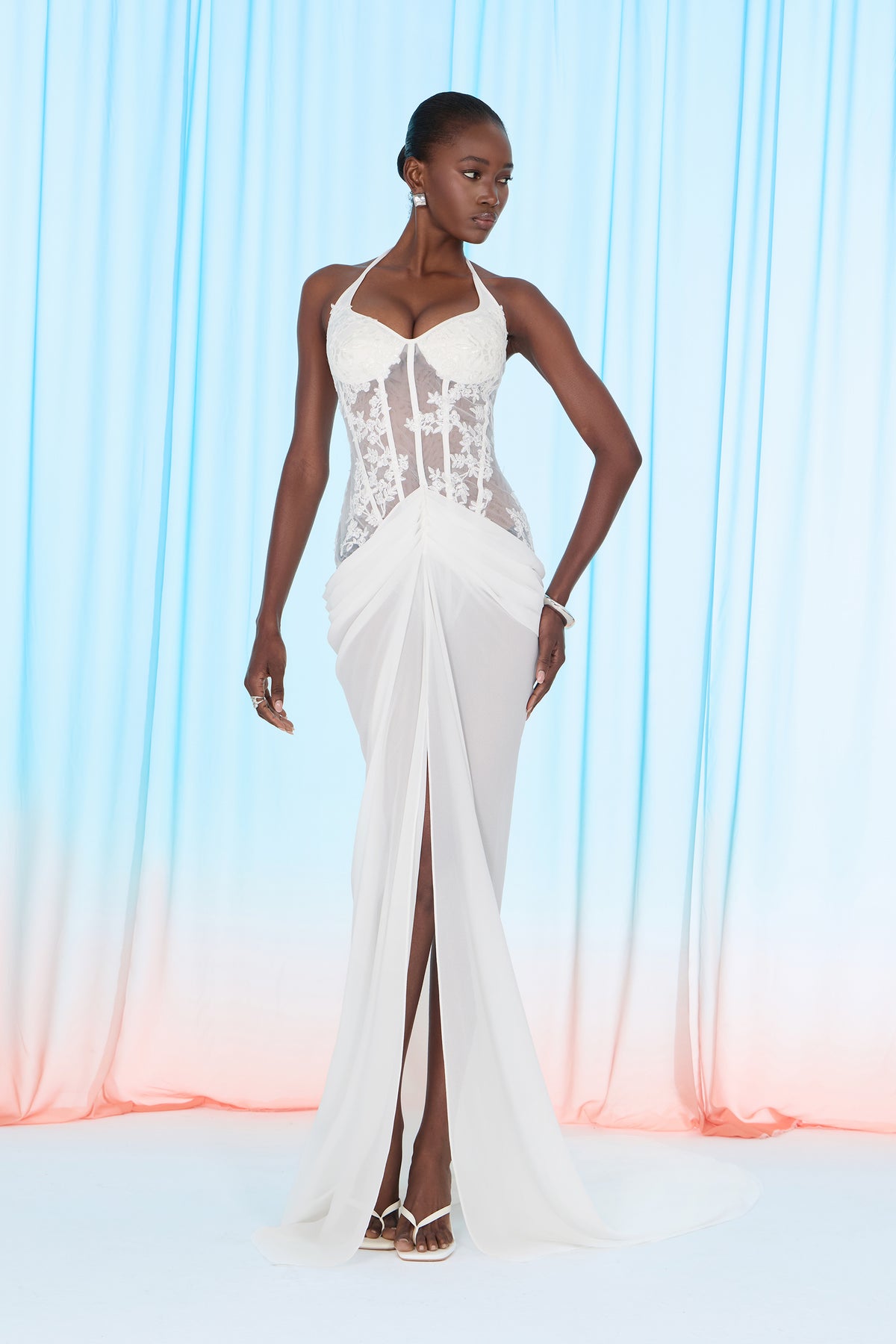 Sultry Persona White Lace Corset High Slit Maxi Dress