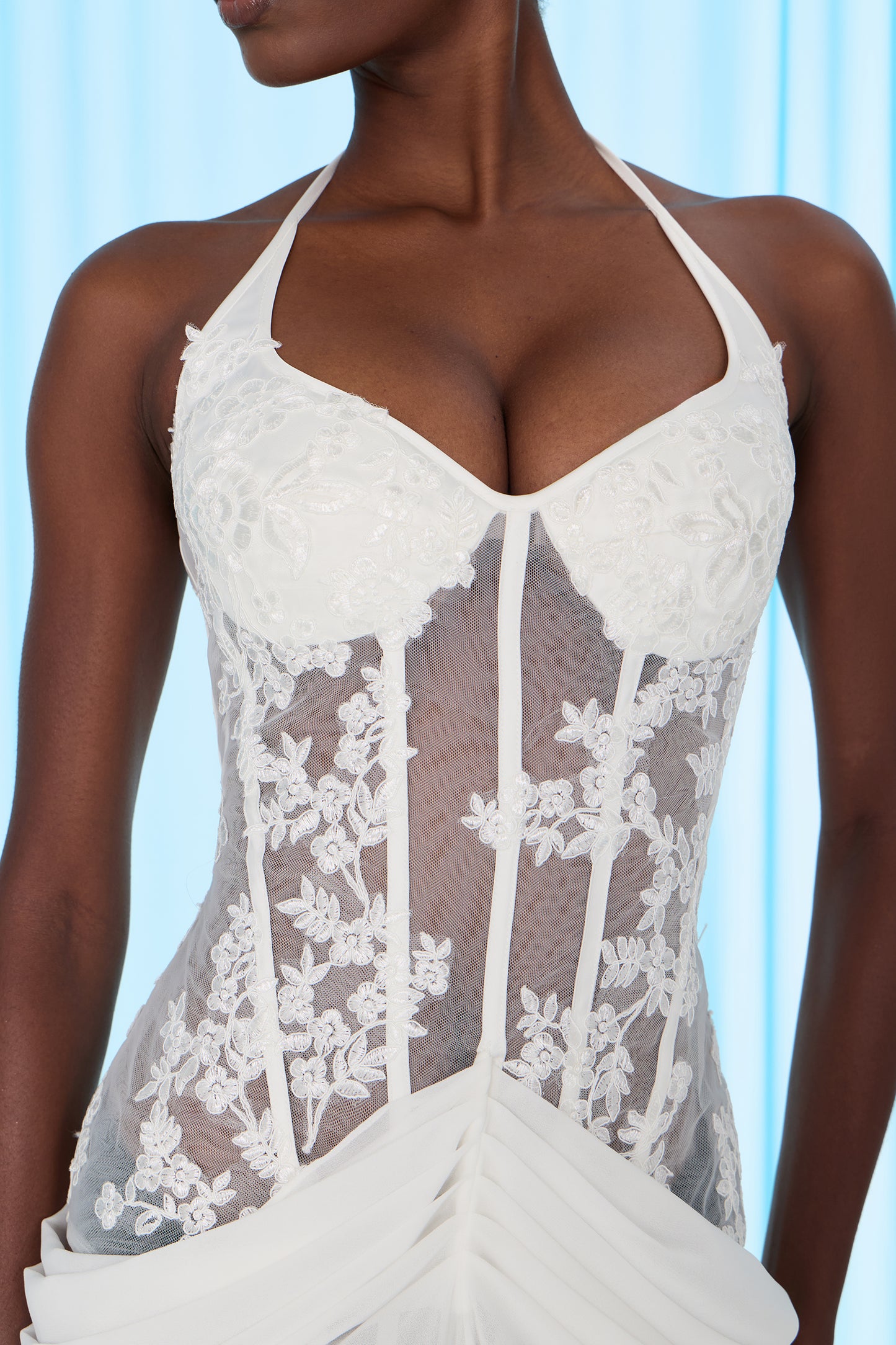 Sultry Persona White Lace Corset High Slit Maxi Dress