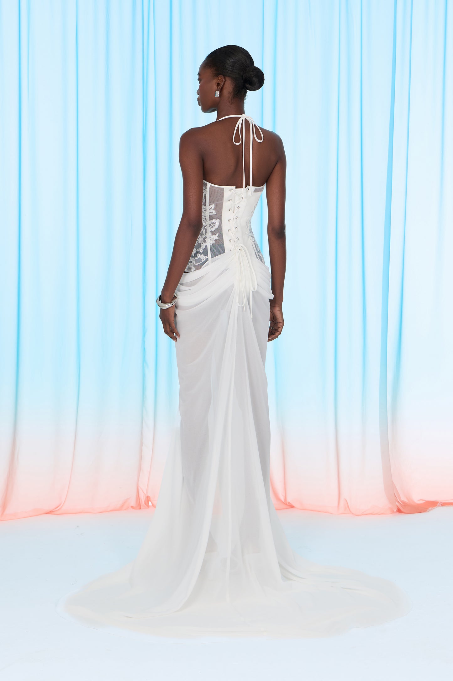 Sultry Persona White Lace Corset High Slit Maxi Dress