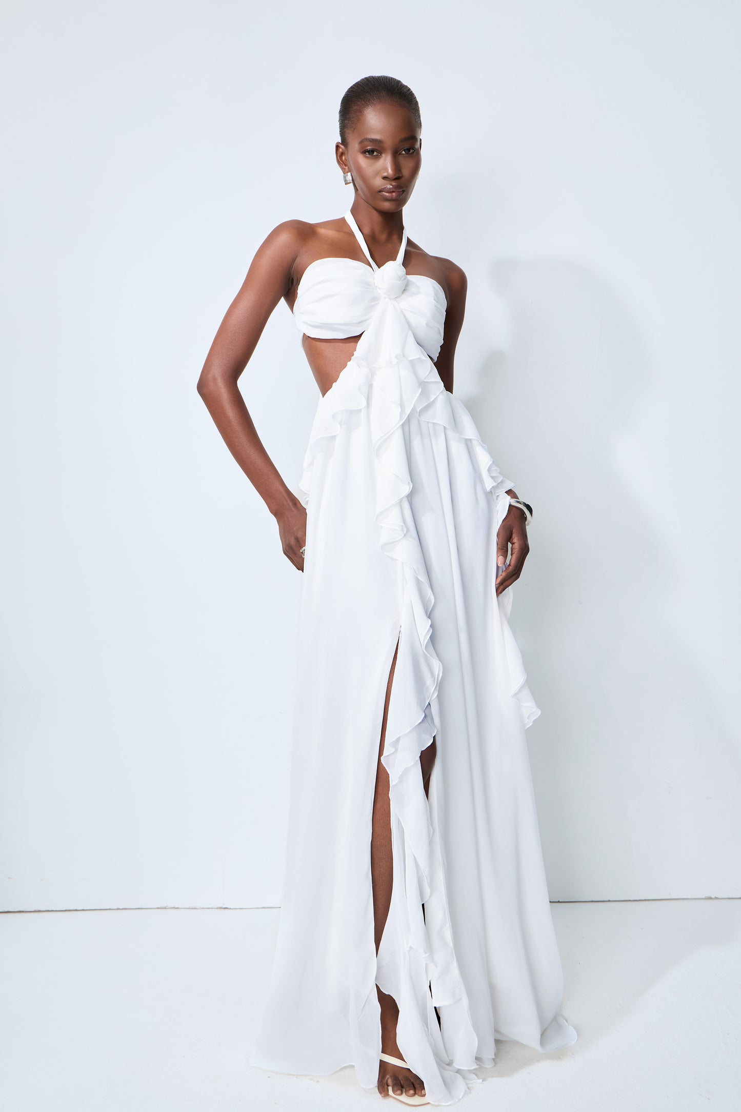 Maggie Halter Cut-Out Ruffle Maxi Dress