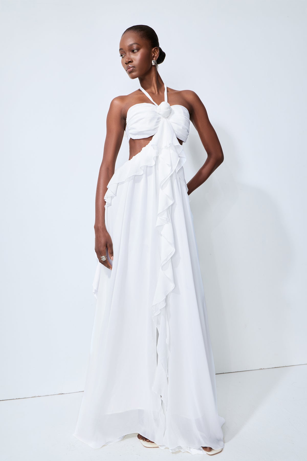 Maggie Halter Cut-Out Ruffle Maxi Dress