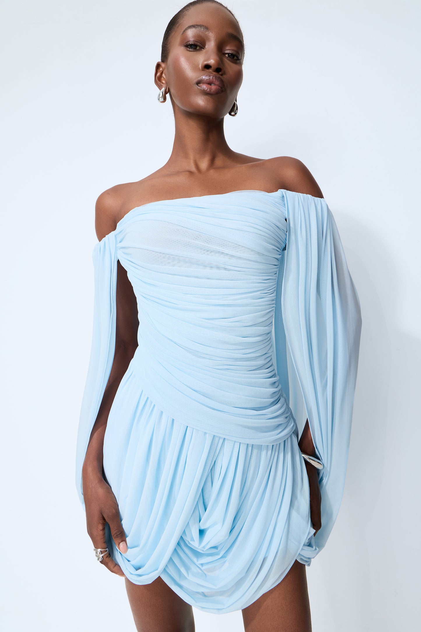 Sweet Moment Blue Off Shoulder Ruched Mini Dress With Shorts