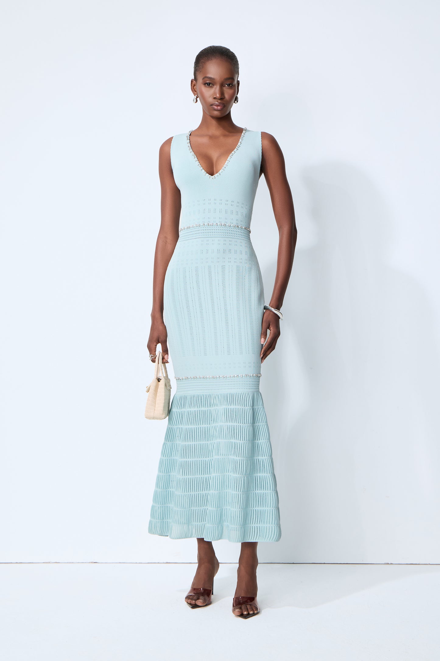 Purely Yours Blue Rhinestone Trim Sleeveless Knit Maxi Dress