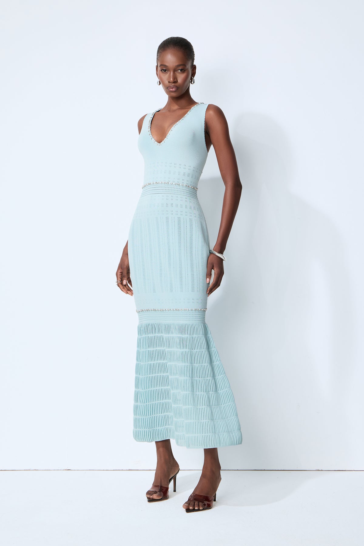 Purely Yours Blue Rhinestone Trim Sleeveless Knit Maxi Dress