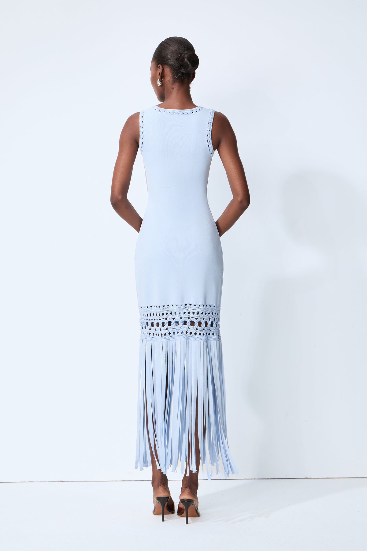 Sunwoven Stories Blue Sleeveless Crochet Fringe Maxi Dress