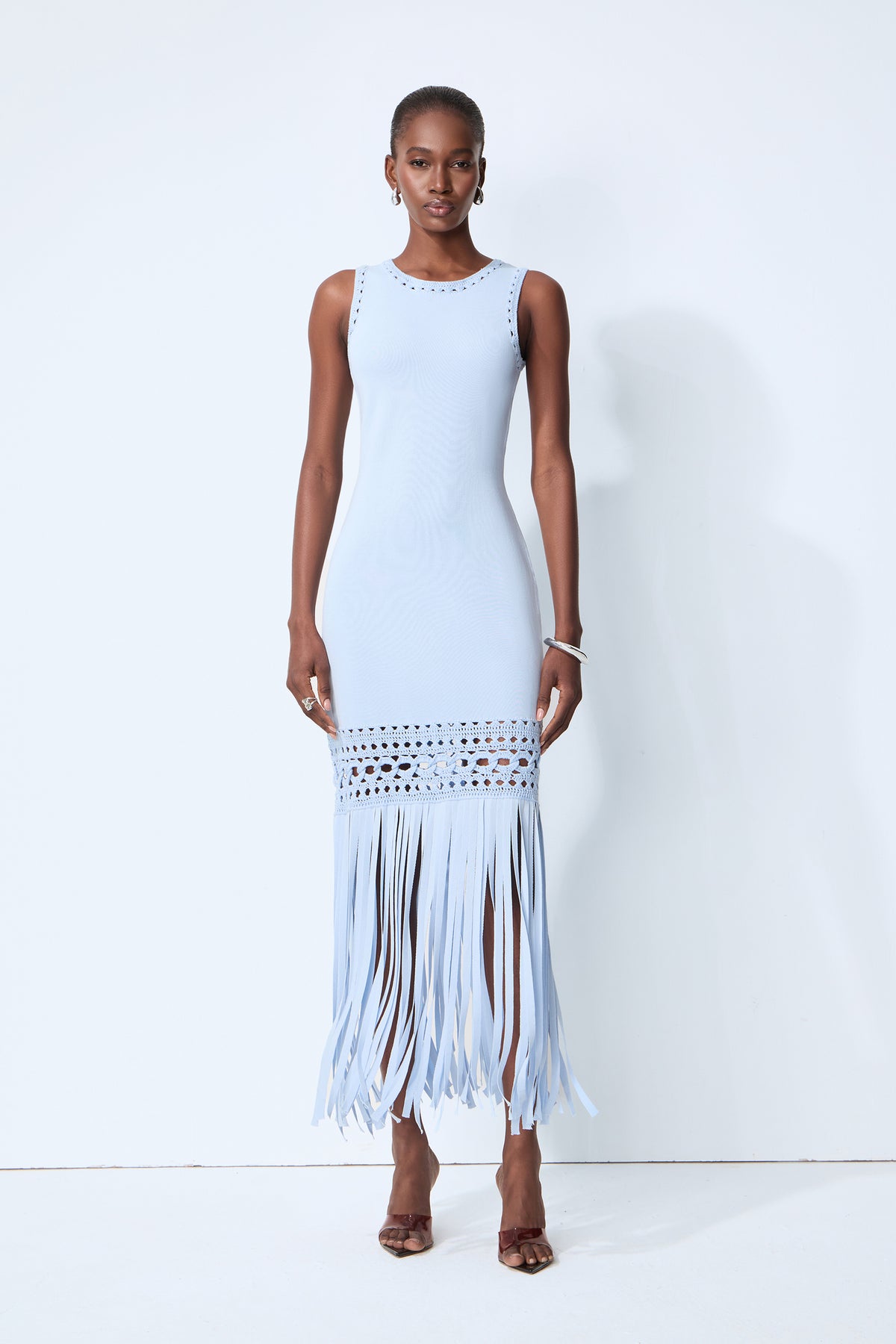 Sunwoven Stories Blue Sleeveless Crochet Fringe Maxi Dress