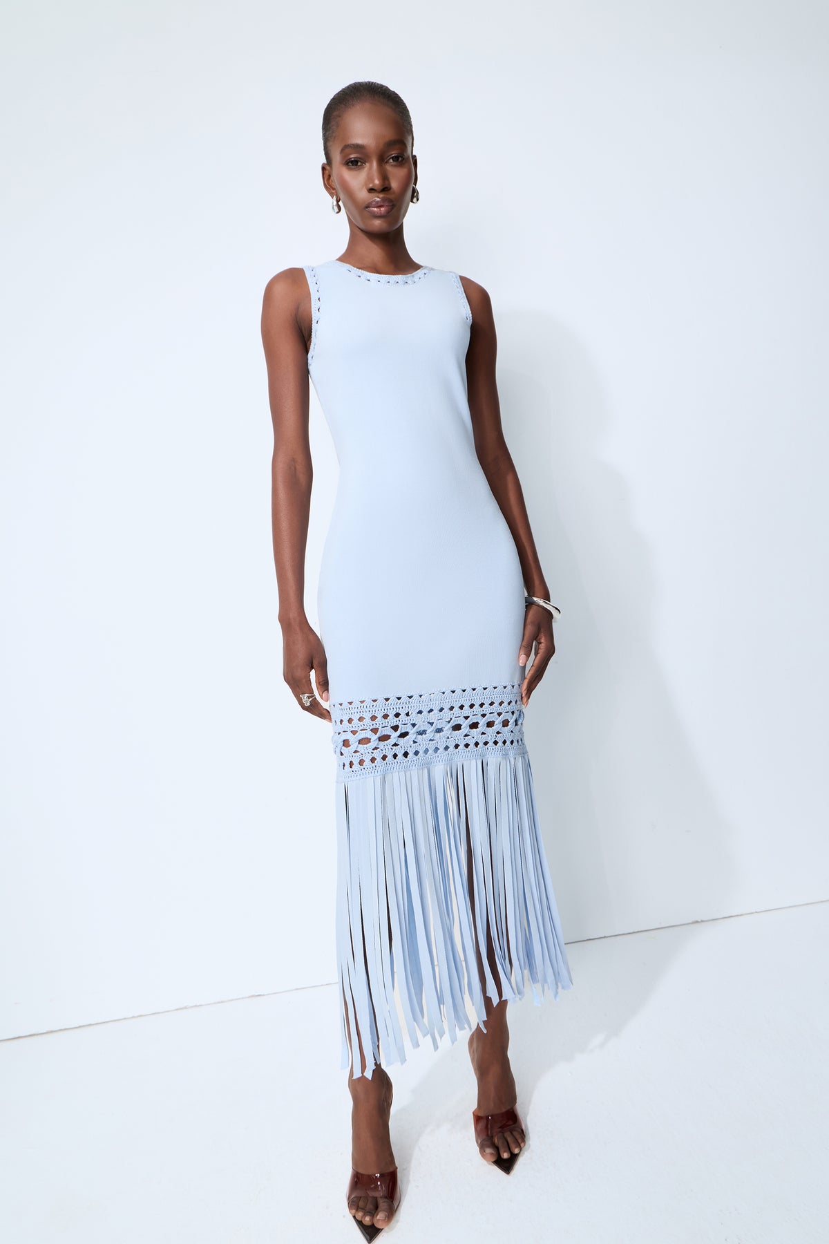 Sunwoven Stories Blue Sleeveless Crochet Fringe Maxi Dress