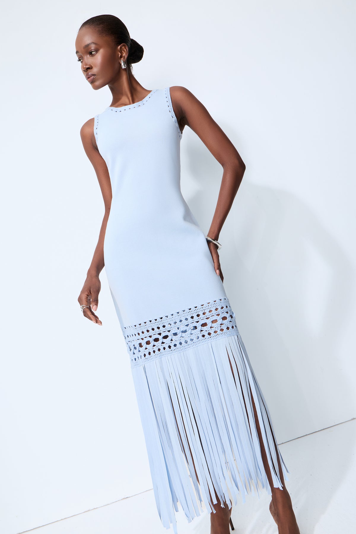 Sunwoven Stories Blue Sleeveless Crochet Fringe Maxi Dress
