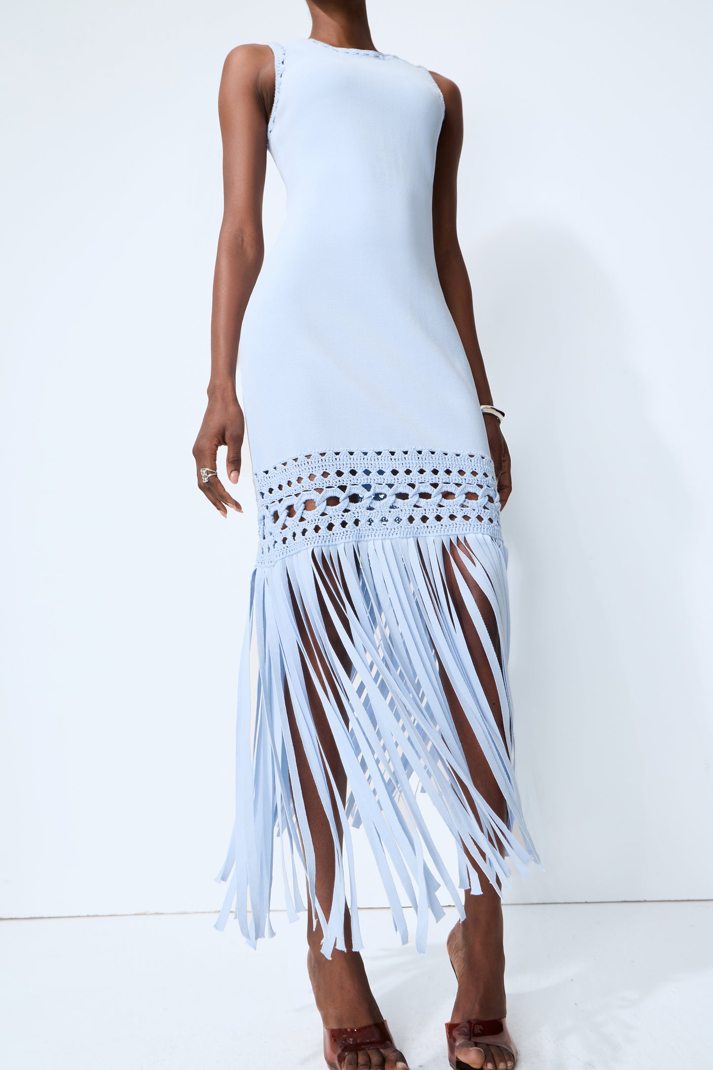 Sunwoven Stories Blue Sleeveless Crochet Fringe Maxi Dress