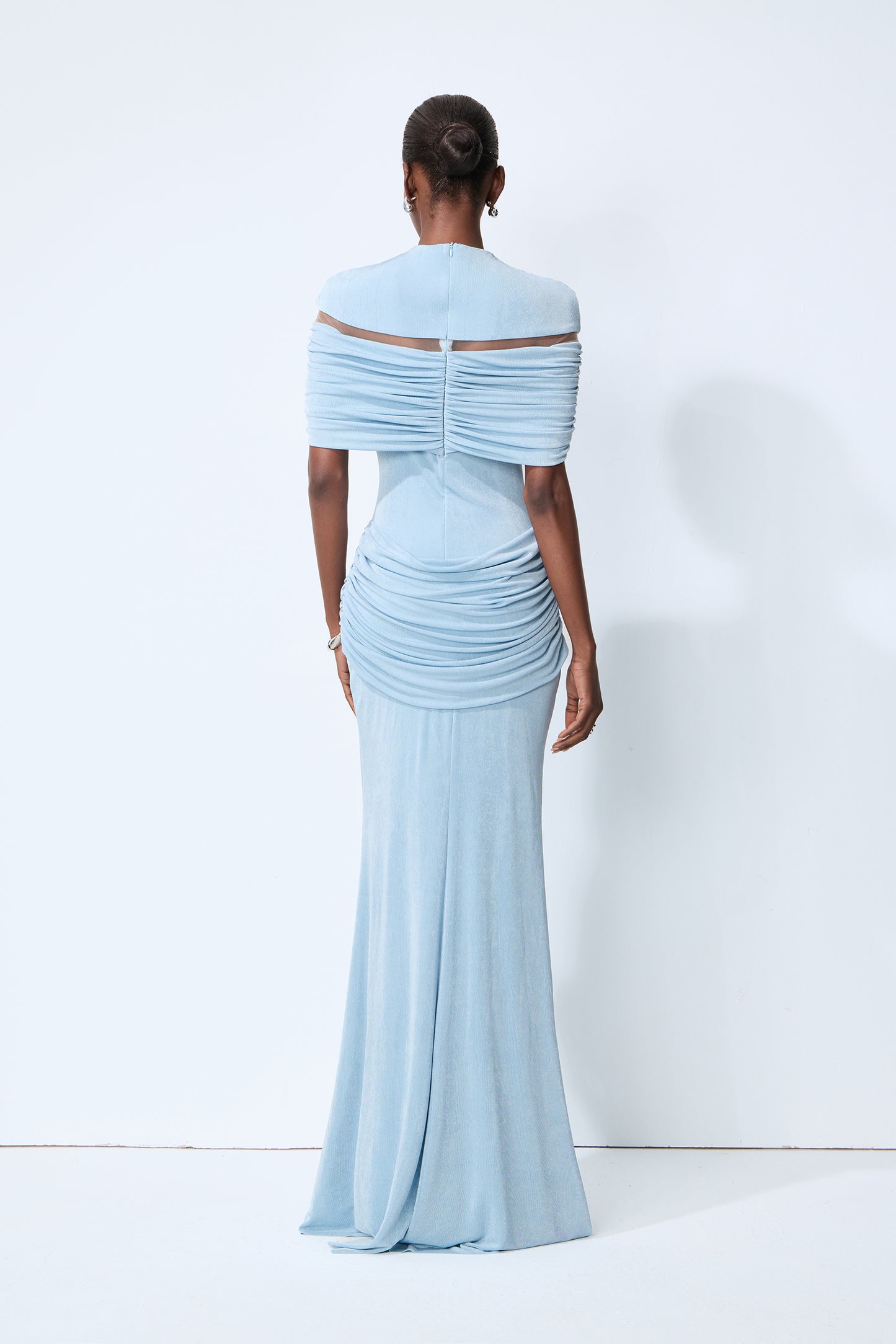 Softly Beautiful Blue Ruched Crisscross Knit Maxi Dress