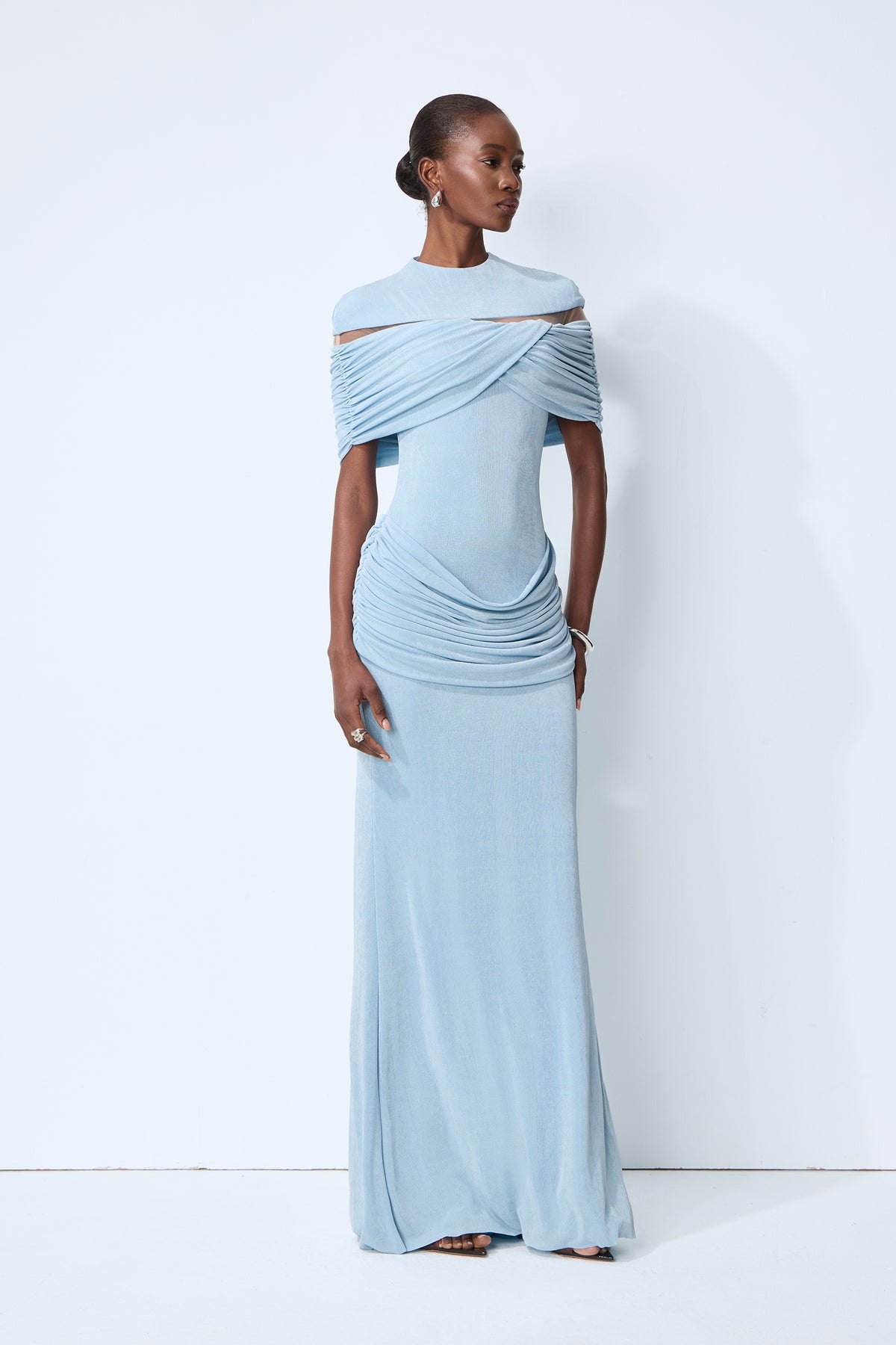 Softly Beautiful Blue Ruched Crisscross Knit Maxi Dress