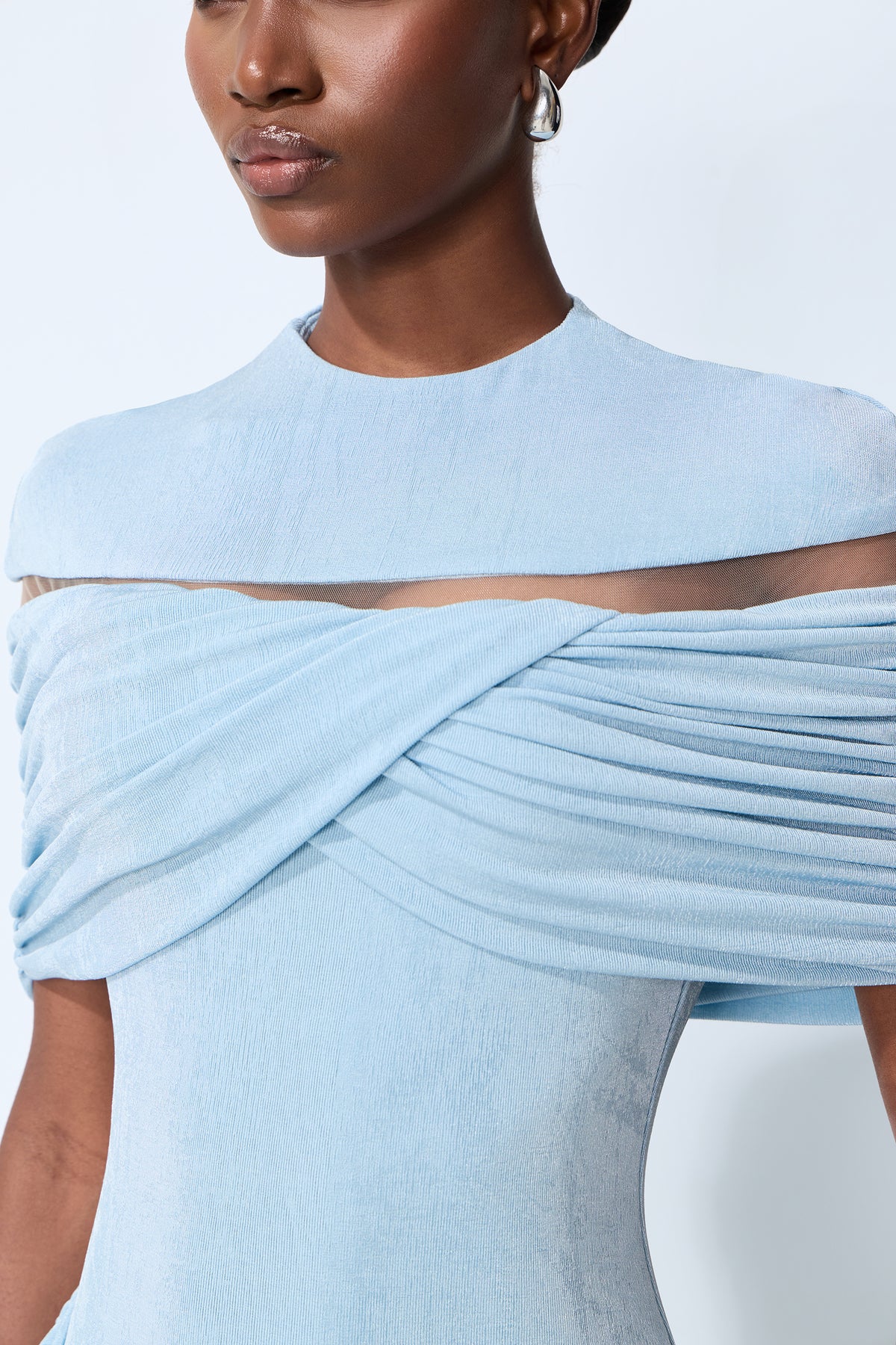 Softly Beautiful Blue Ruched Crisscross Knit Maxi Dress