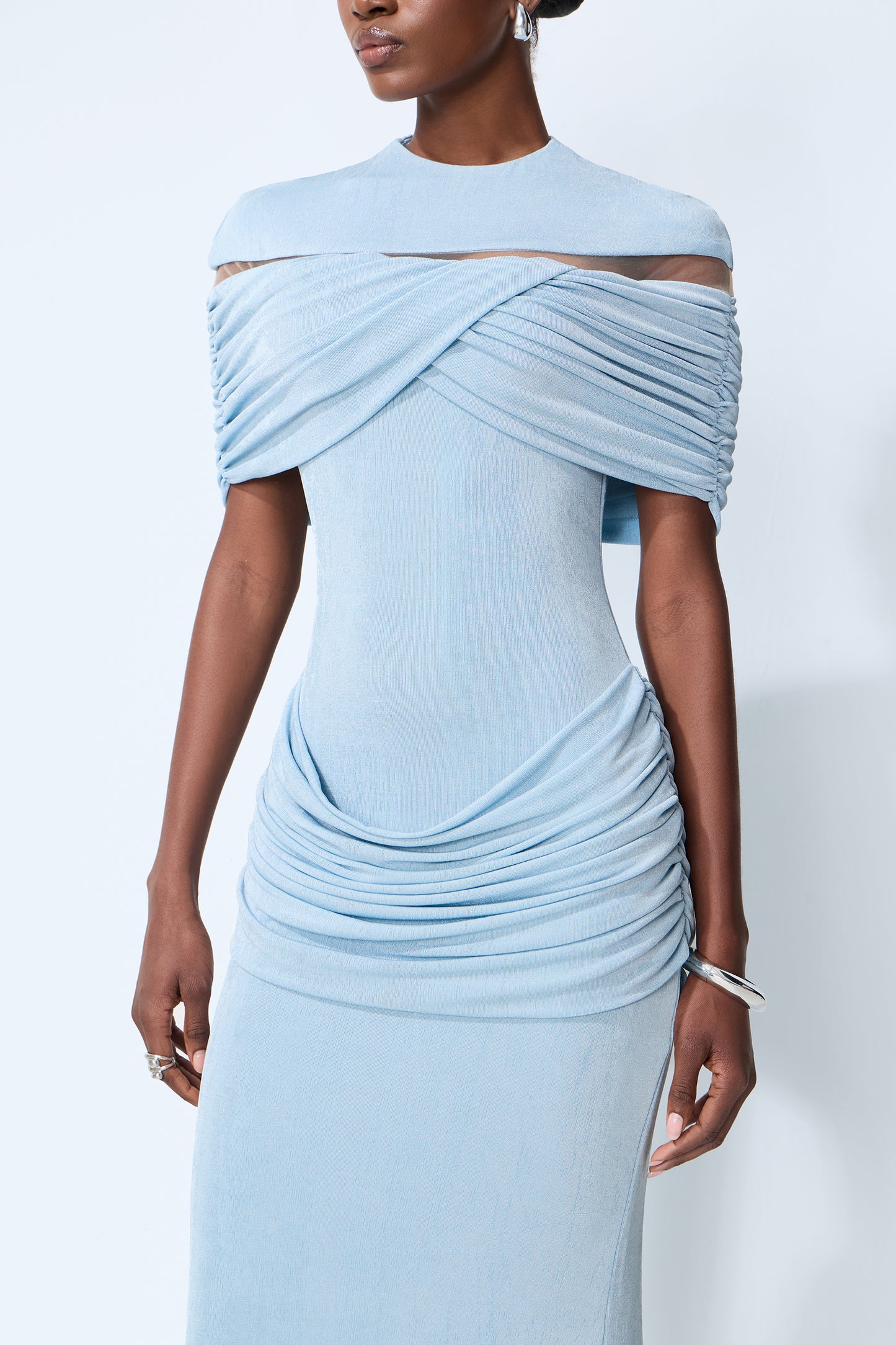 Softly Beautiful Blue Ruched Crisscross Knit Maxi Dress