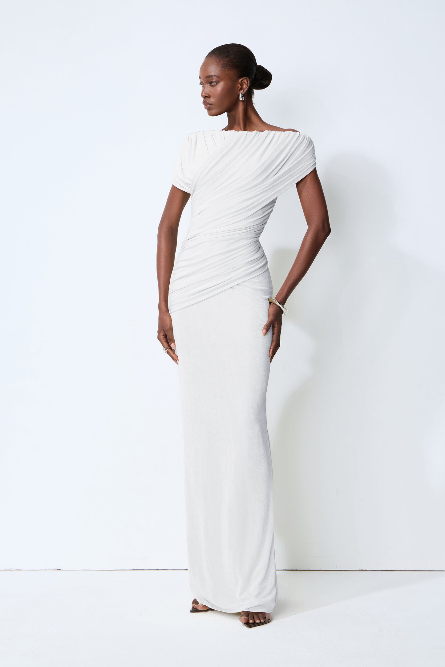 Made to Shine White Off Shoulder Ruched Maxi Dress