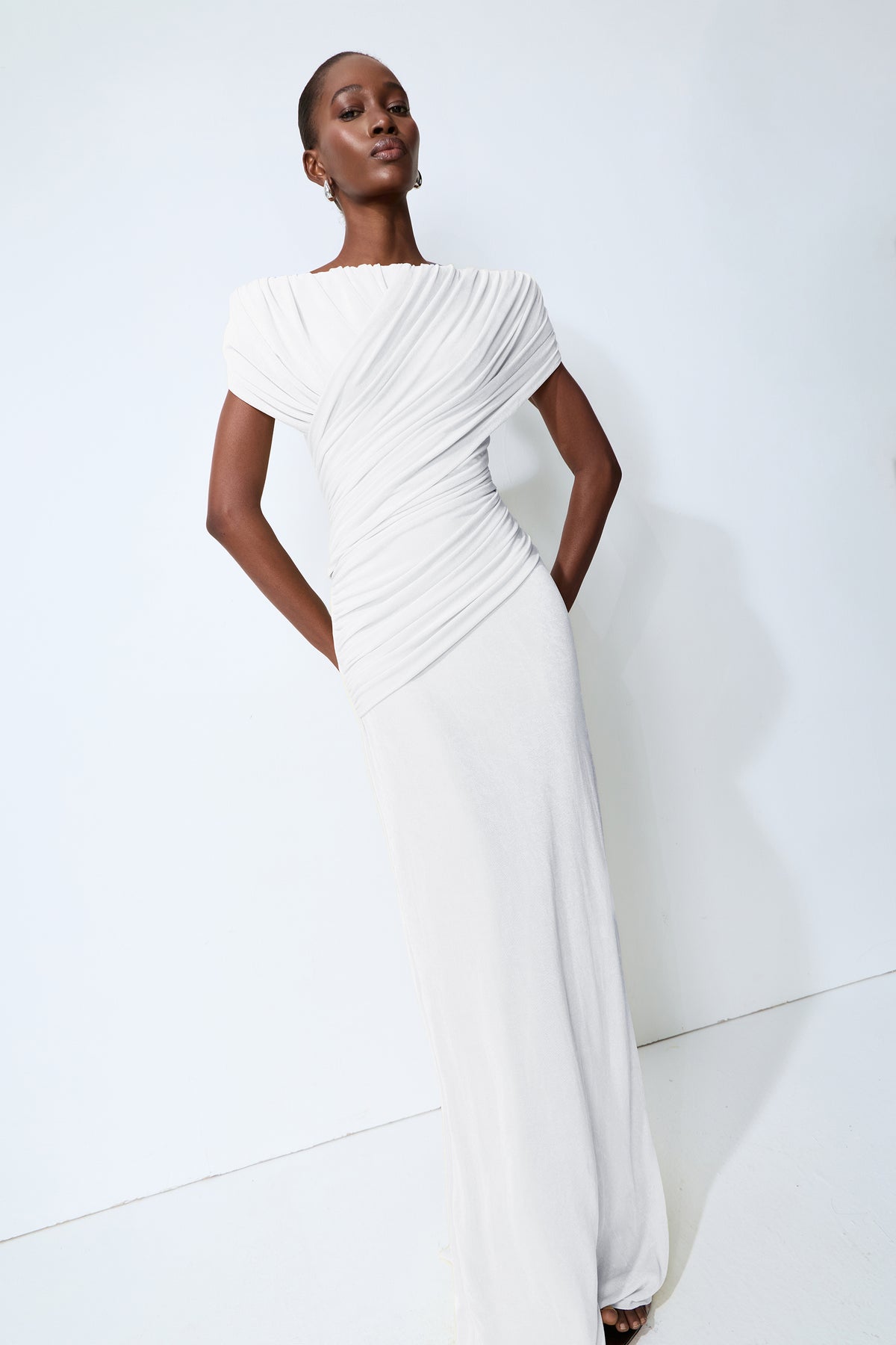 Made to Shine White Off Shoulder Ruched Maxi Dress