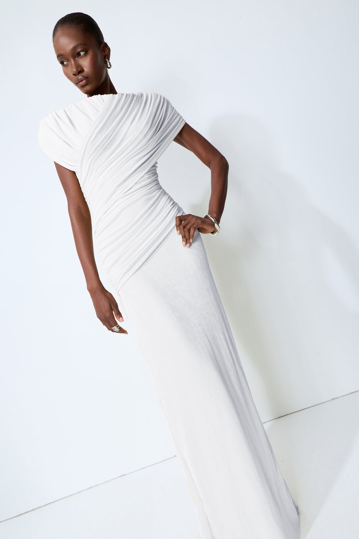Made to Shine White Off Shoulder Ruched Maxi Dress