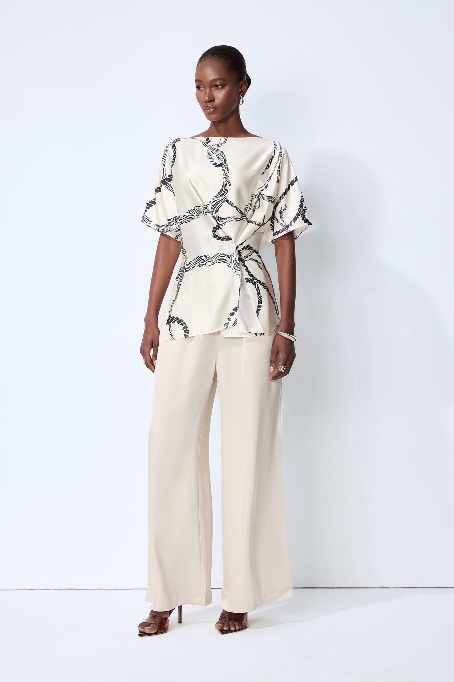 Easy Moment White Abstract Print Side-Knot Wrap Blouse
