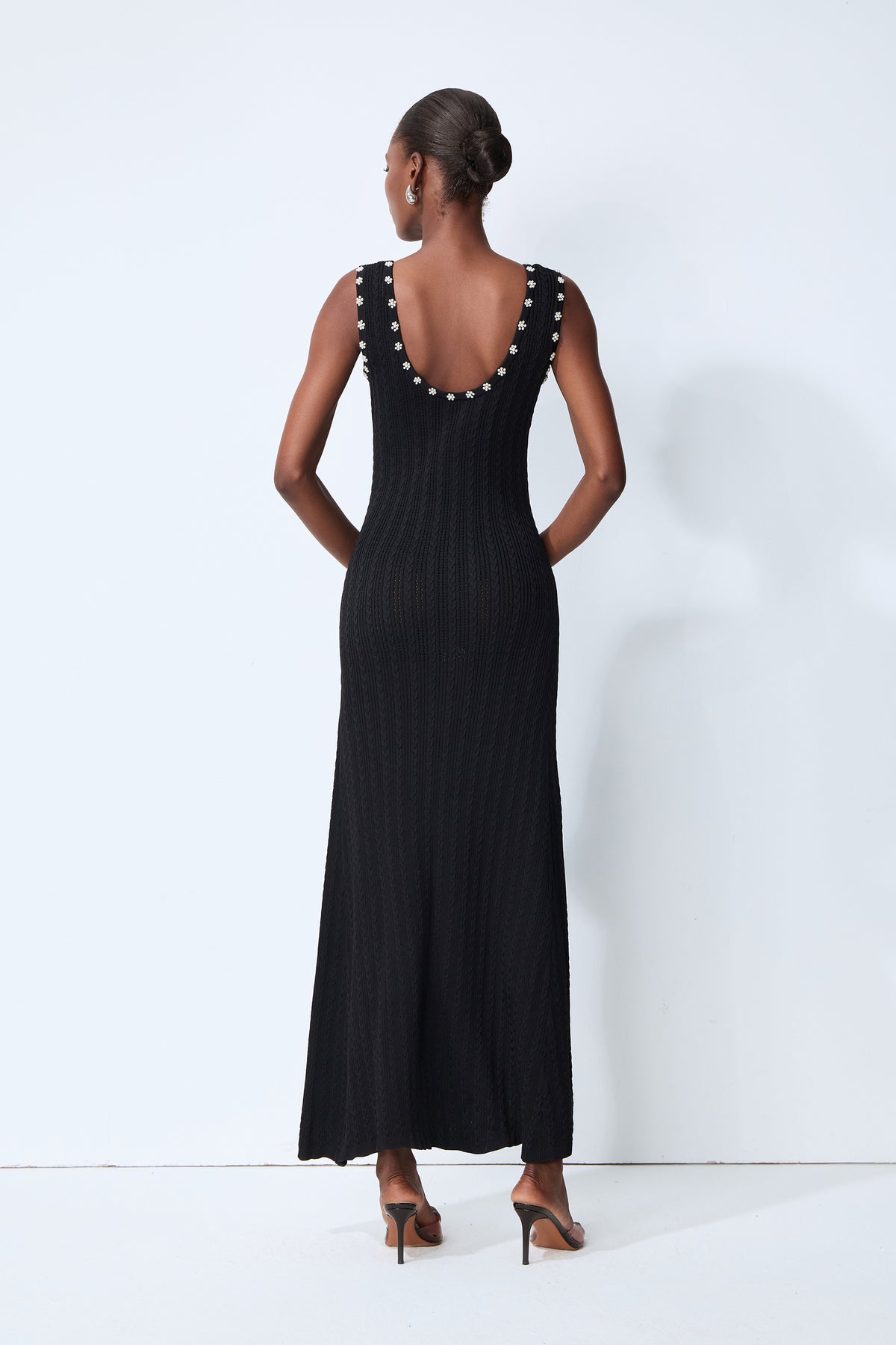 Timeless Attraction Black Sleeveless Pearl Trim Knit Maxi Dress