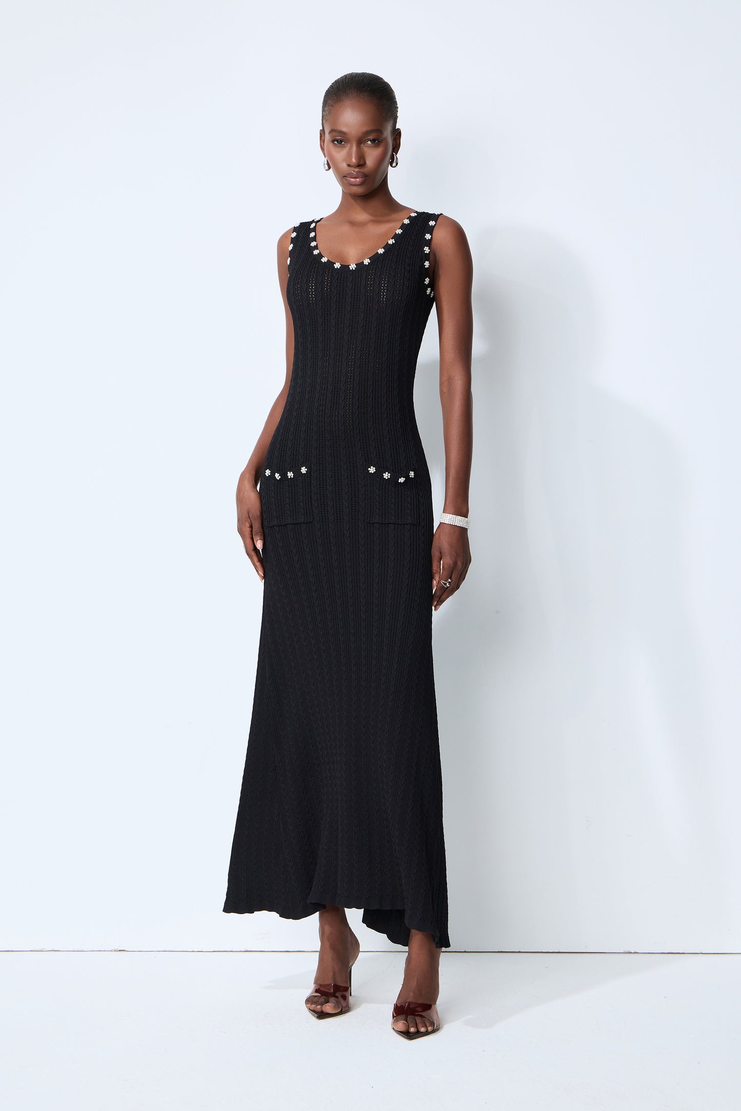 Timeless Attraction Black Sleeveless Pearl Trim Knit Maxi Dress