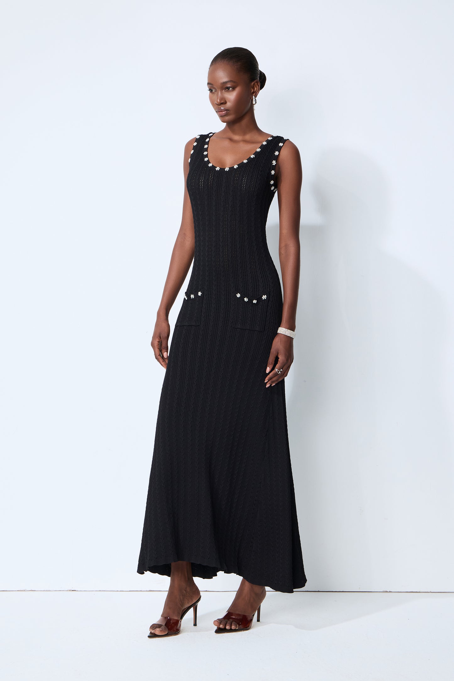 Timeless Attraction Black Sleeveless Pearl Trim Knit Maxi Dress