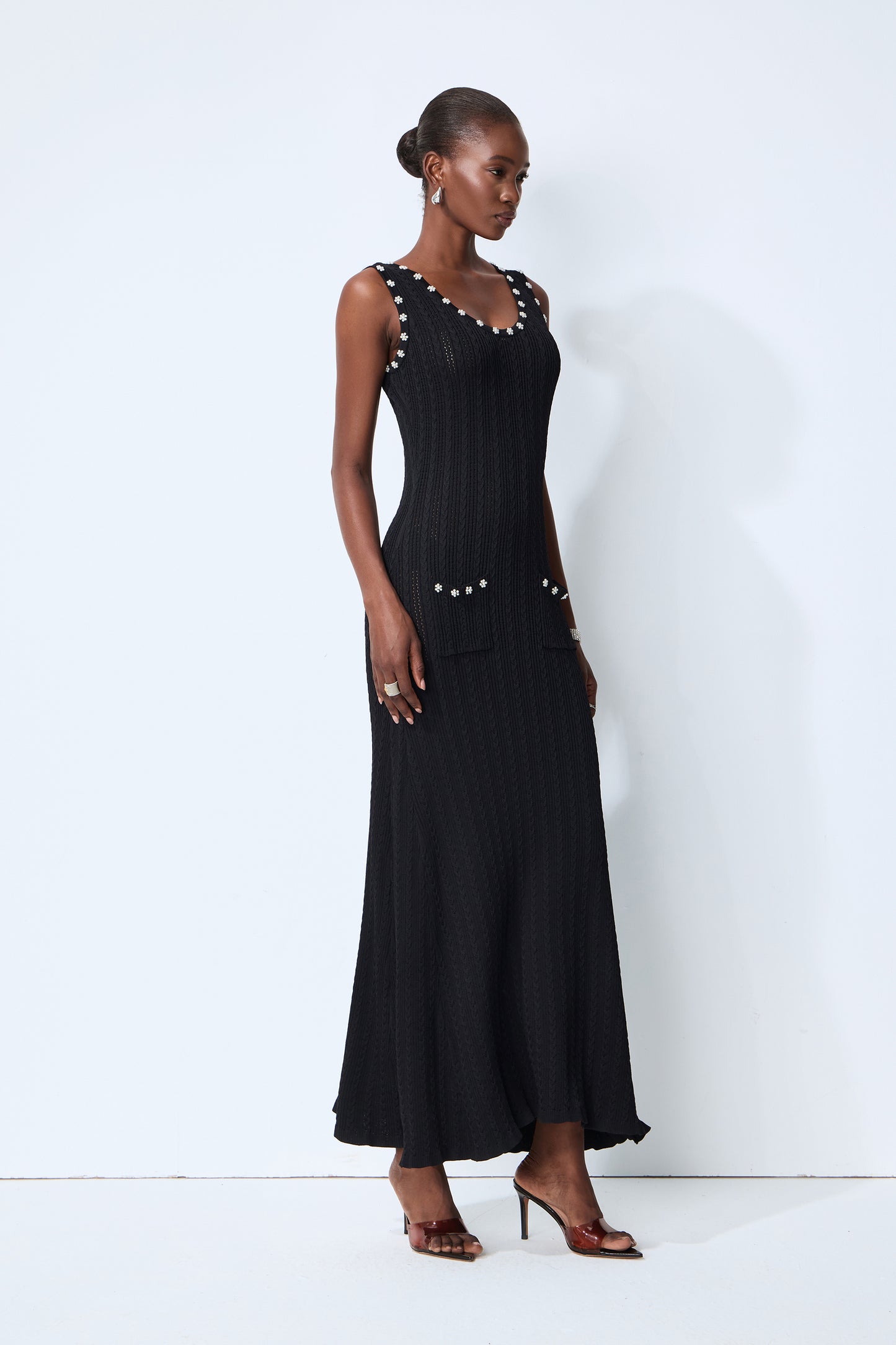 Timeless Attraction Black Sleeveless Pearl Trim Knit Maxi Dress