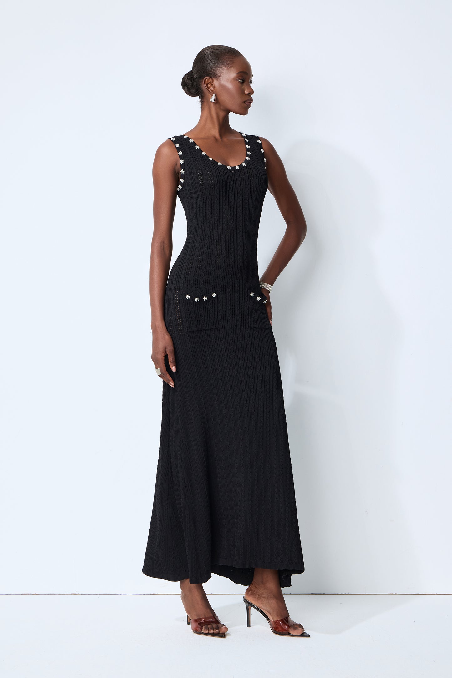 Timeless Attraction Black Sleeveless Pearl Trim Knit Maxi Dress