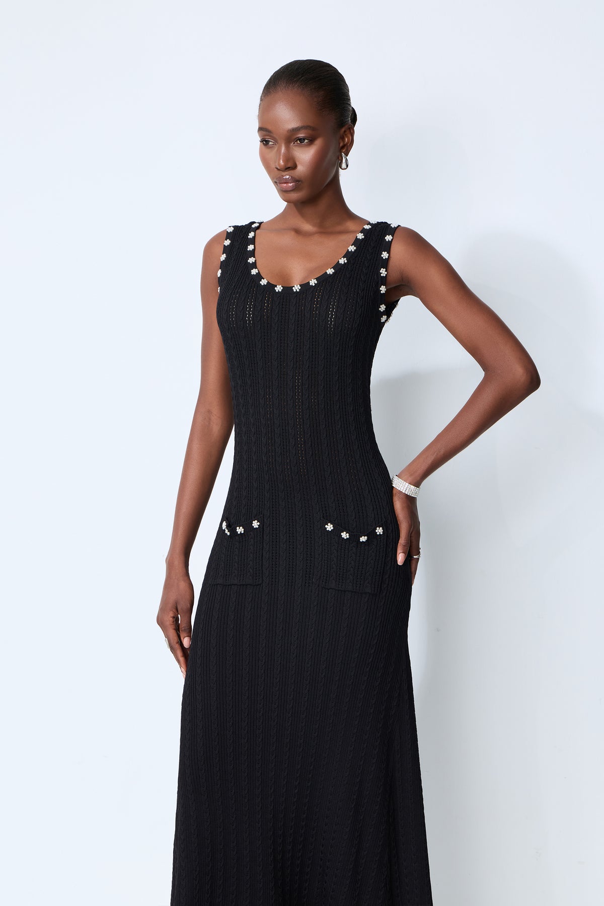 Timeless Attraction Black Sleeveless Pearl Trim Knit Maxi Dress