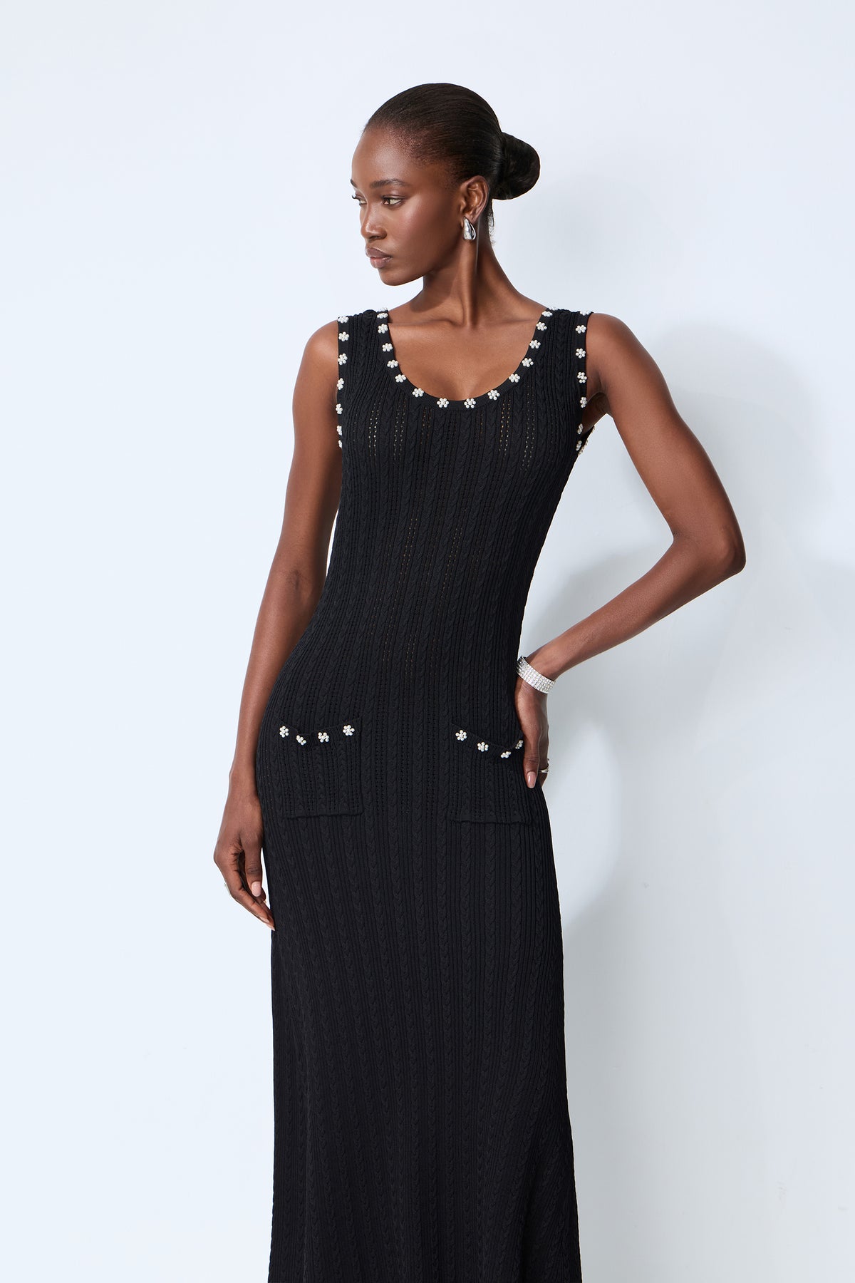 Timeless Attraction Black Sleeveless Pearl Trim Knit Maxi Dress