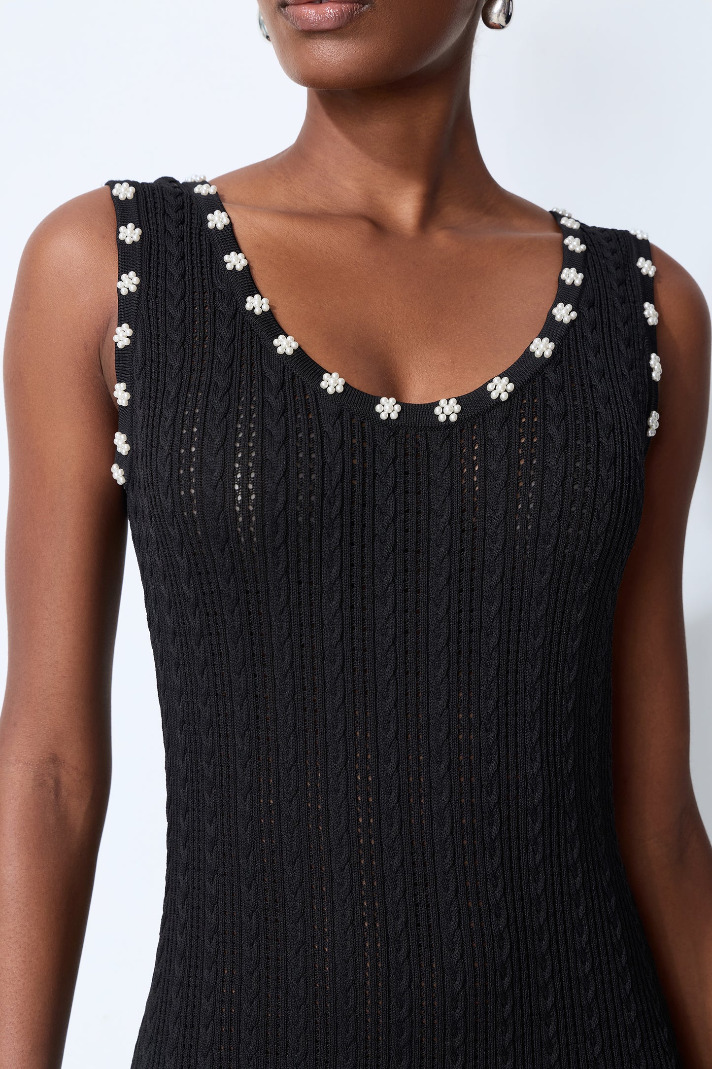 Timeless Attraction Black Sleeveless Pearl Trim Knit Maxi Dress