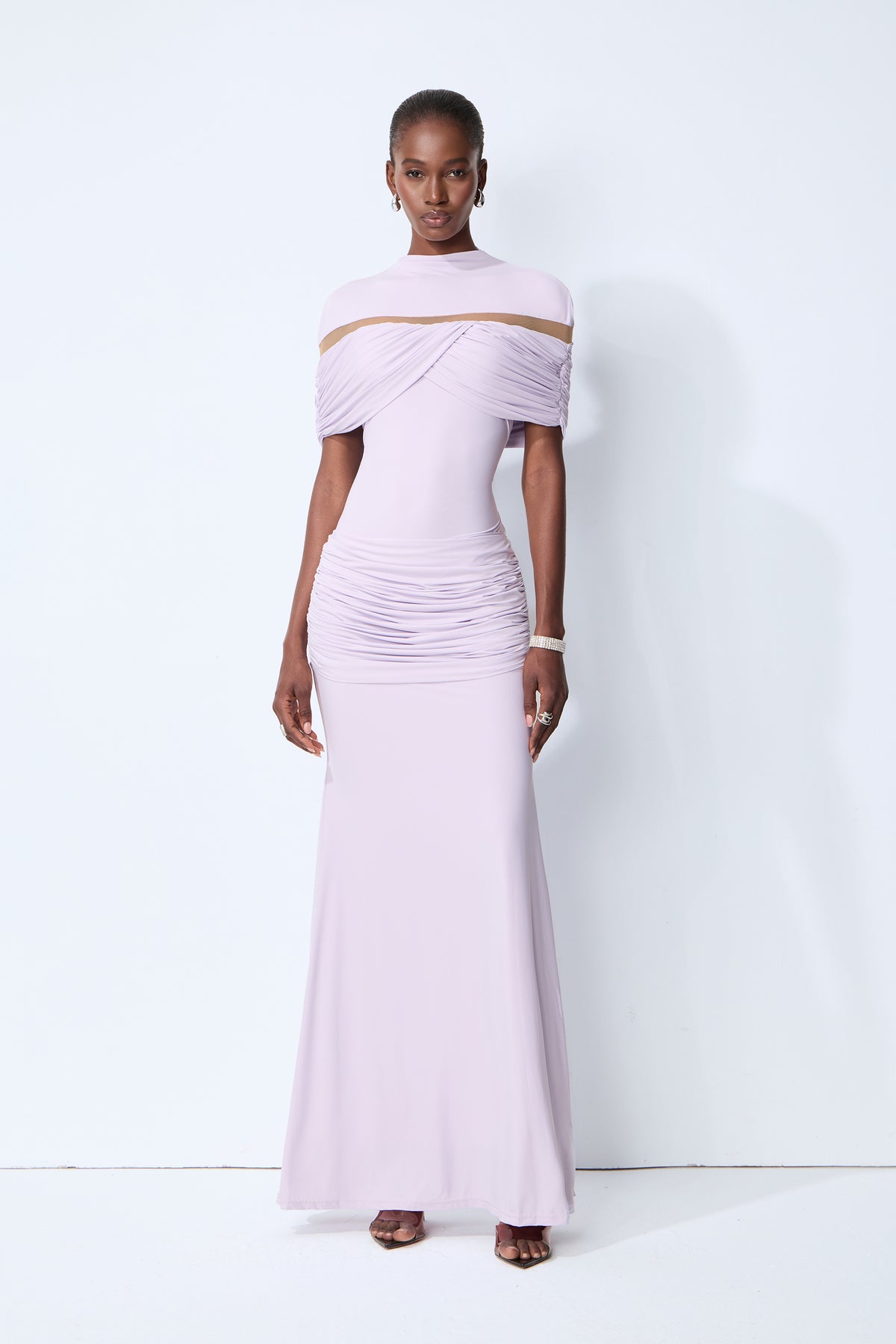 Softly Beautiful Purple Ruched Crisscross Knit Maxi Dress