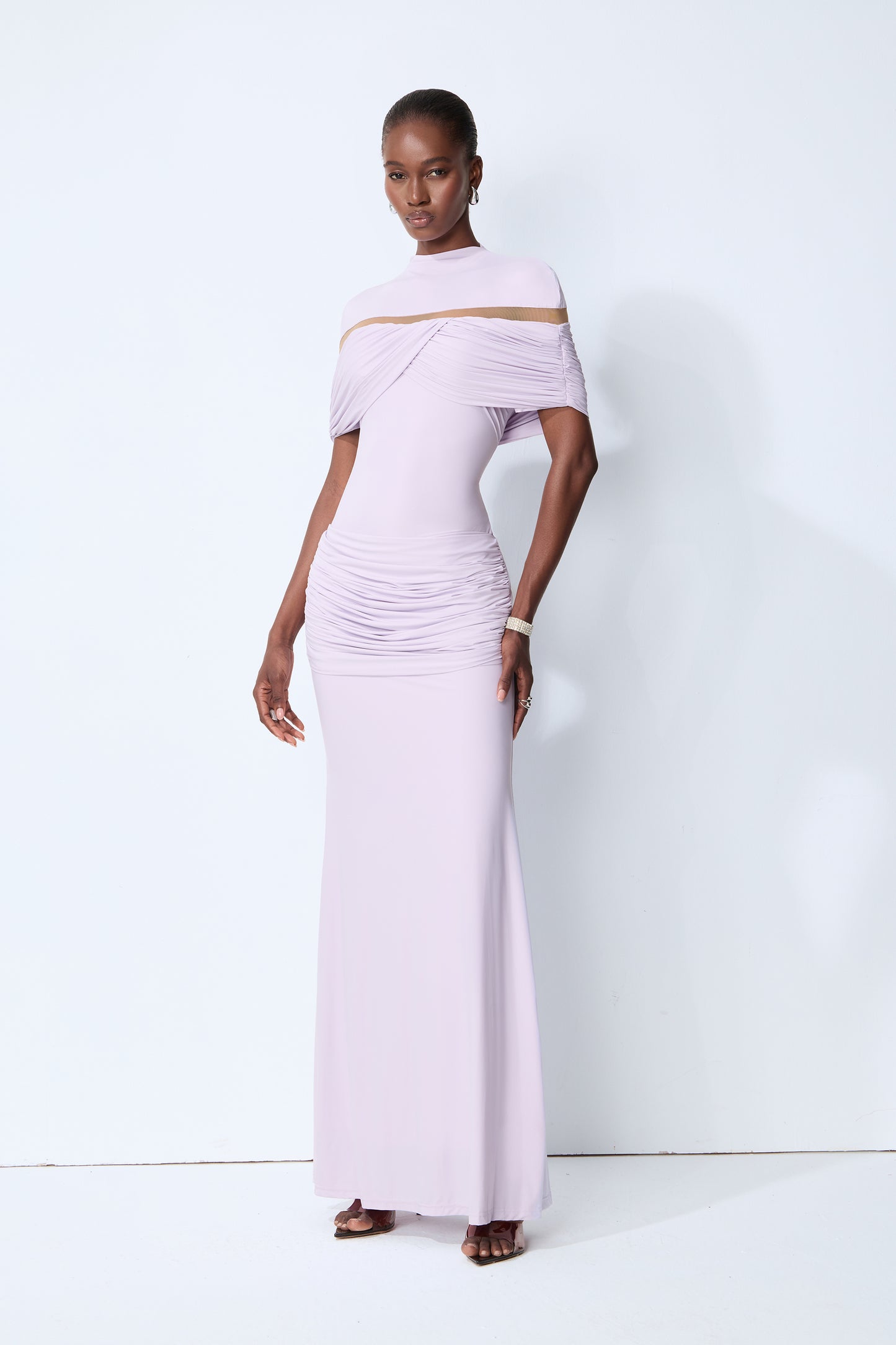 Softly Beautiful Purple Ruched Crisscross Knit Maxi Dress