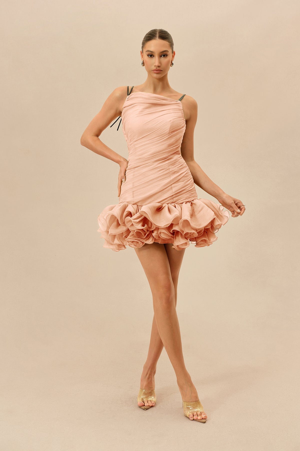 Late Summer Pink Ruched Bodice Ruffled Hem Mini Dress