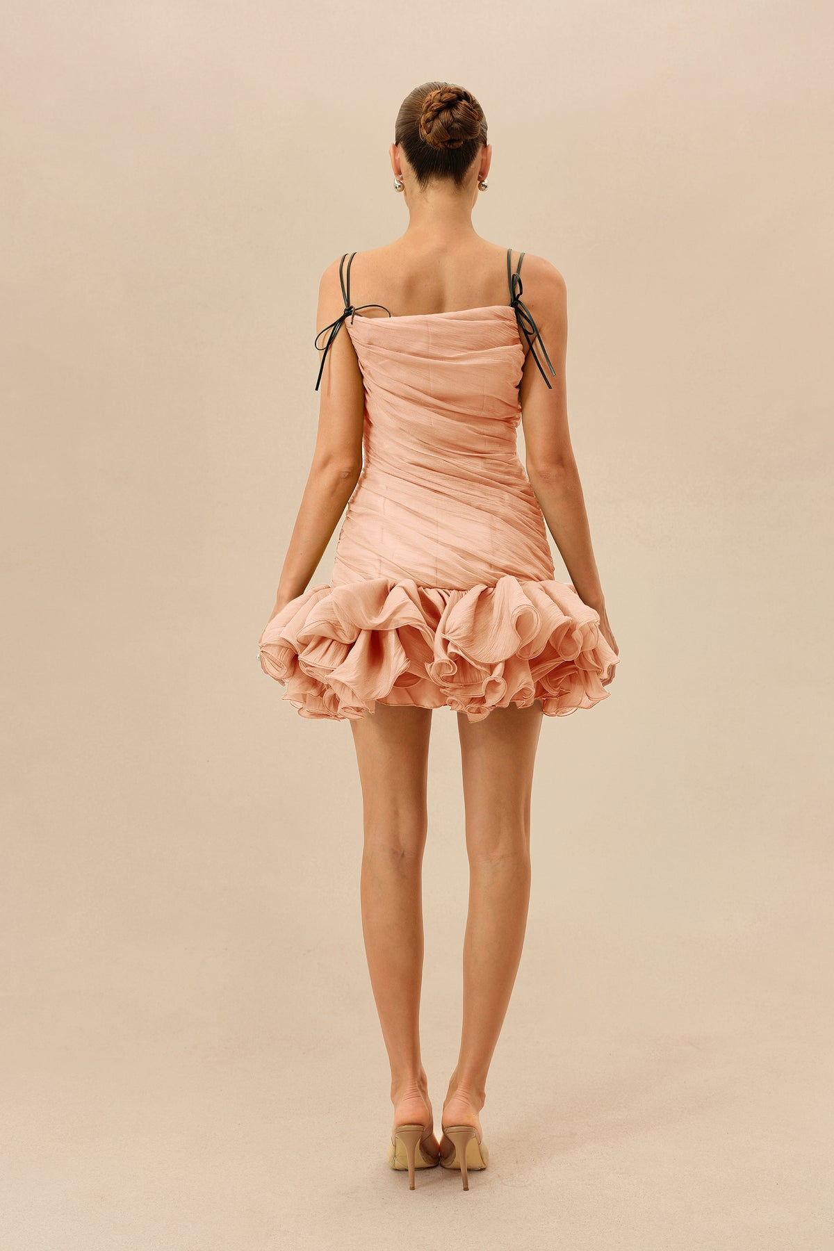 Late Summer Pink Ruched Bodice Ruffled Hem Mini Dress