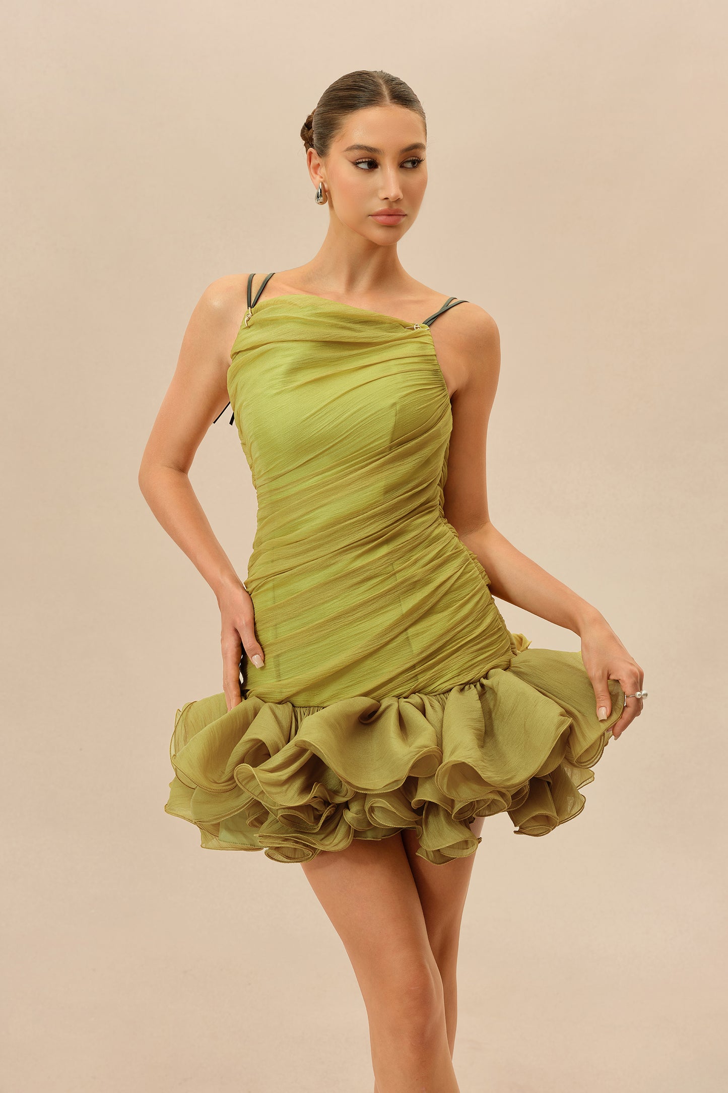 Late Summer Olive Ruched Bodice Ruffled Hem Mini Dress
