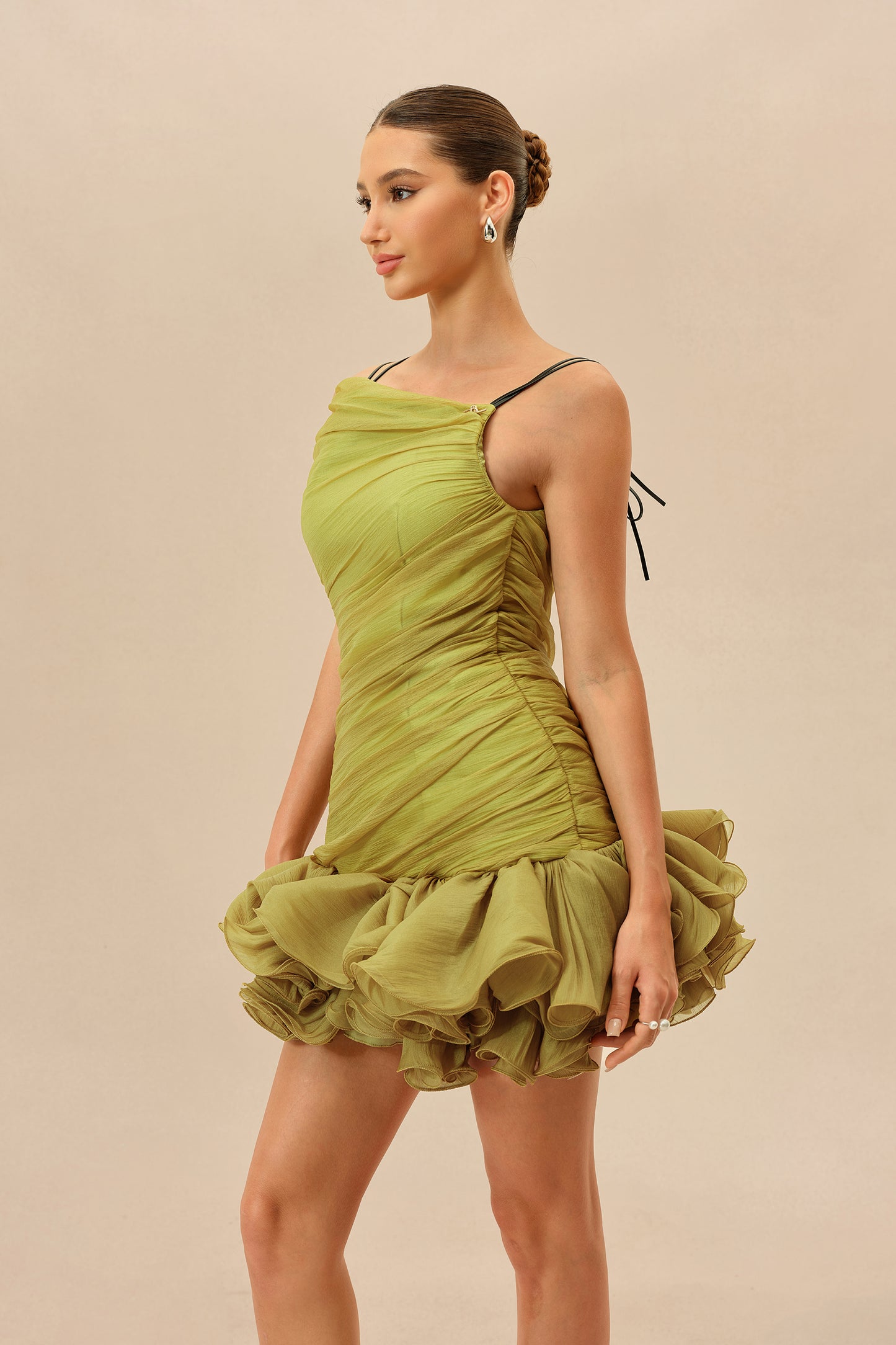 Late Summer Olive Ruched Bodice Ruffled Hem Mini Dress