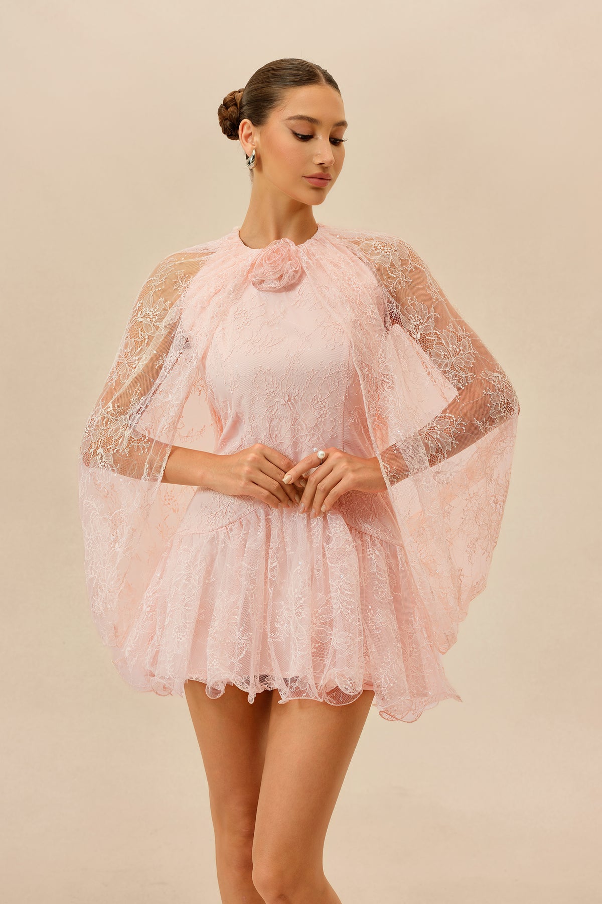Sunday Stroll Pink Cape Sleeve Floral Lace Mini Dress