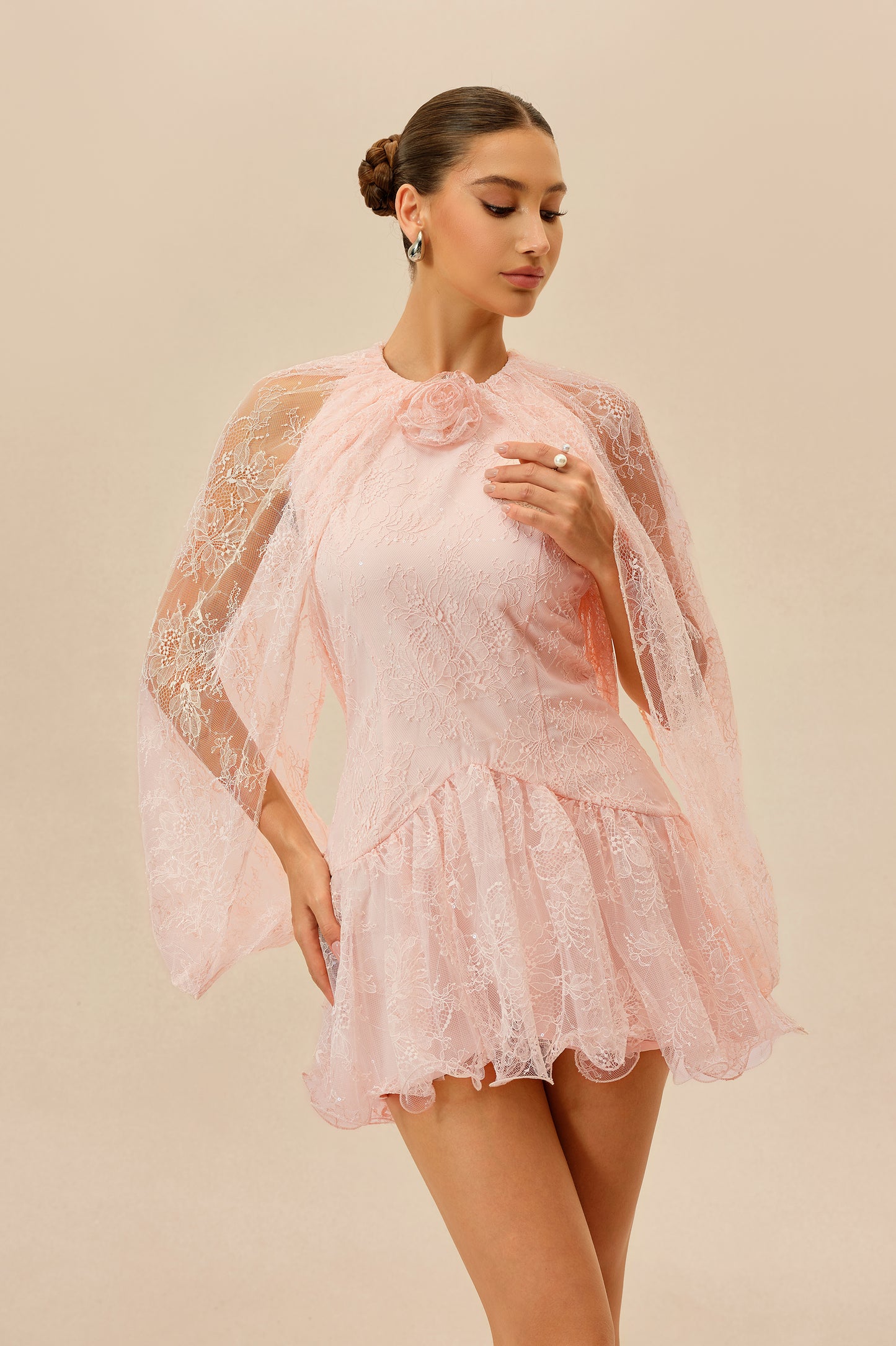 Sunday Stroll Pink Cape Sleeve Floral Lace Mini Dress