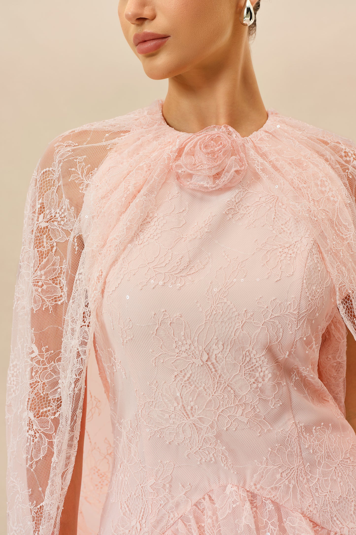 Sunday Stroll Pink Cape Sleeve Floral Lace Mini Dress