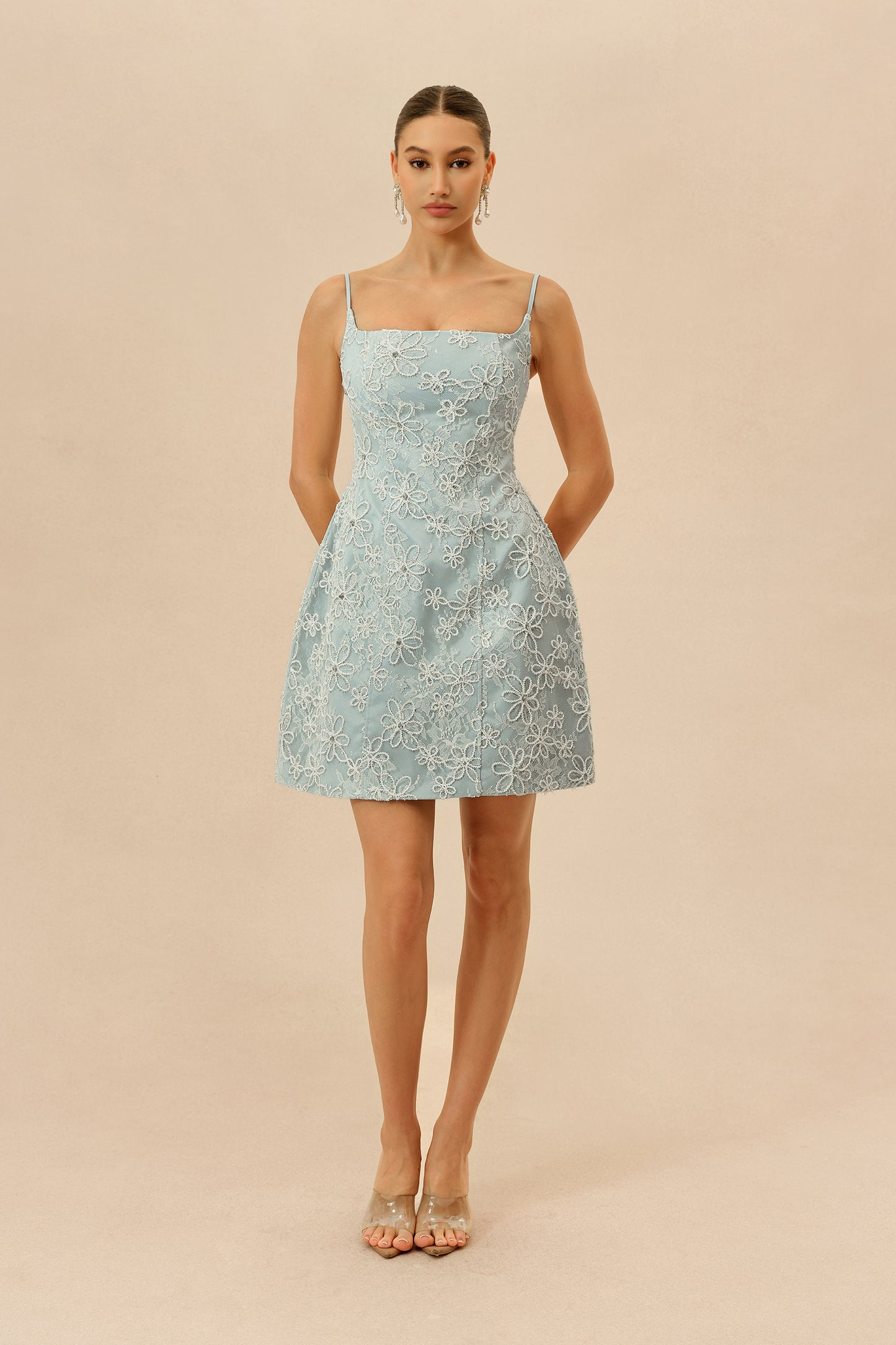 Summer Crush Blue Floral Lace Spaghetti Strap Mini Dress