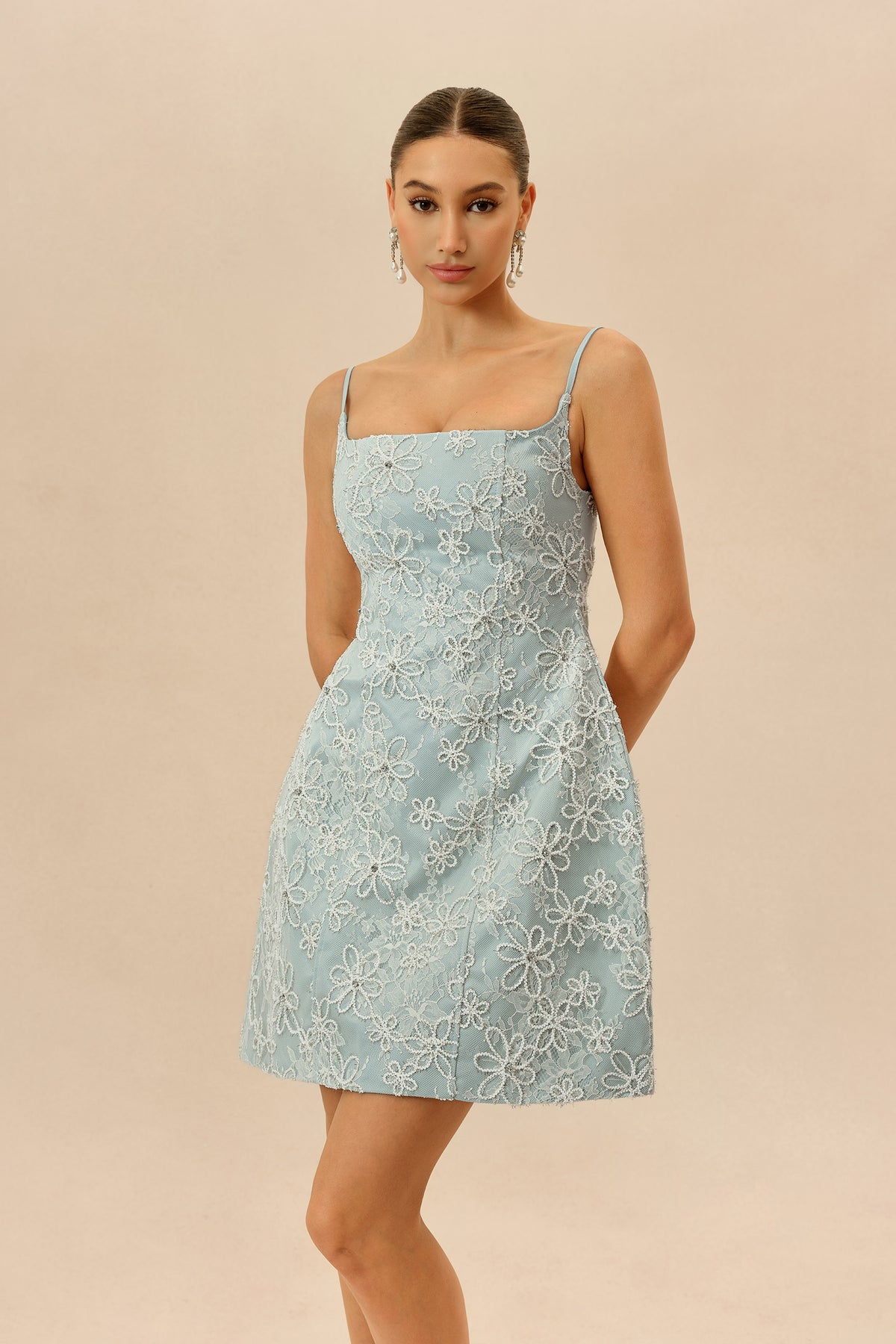 Summer Crush Blue Floral Lace Spaghetti Strap Mini Dress