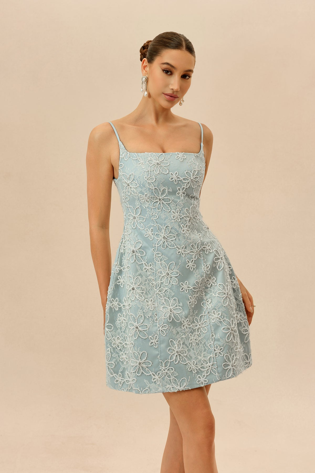 Summer Crush Blue Floral Lace Spaghetti Strap Mini Dress