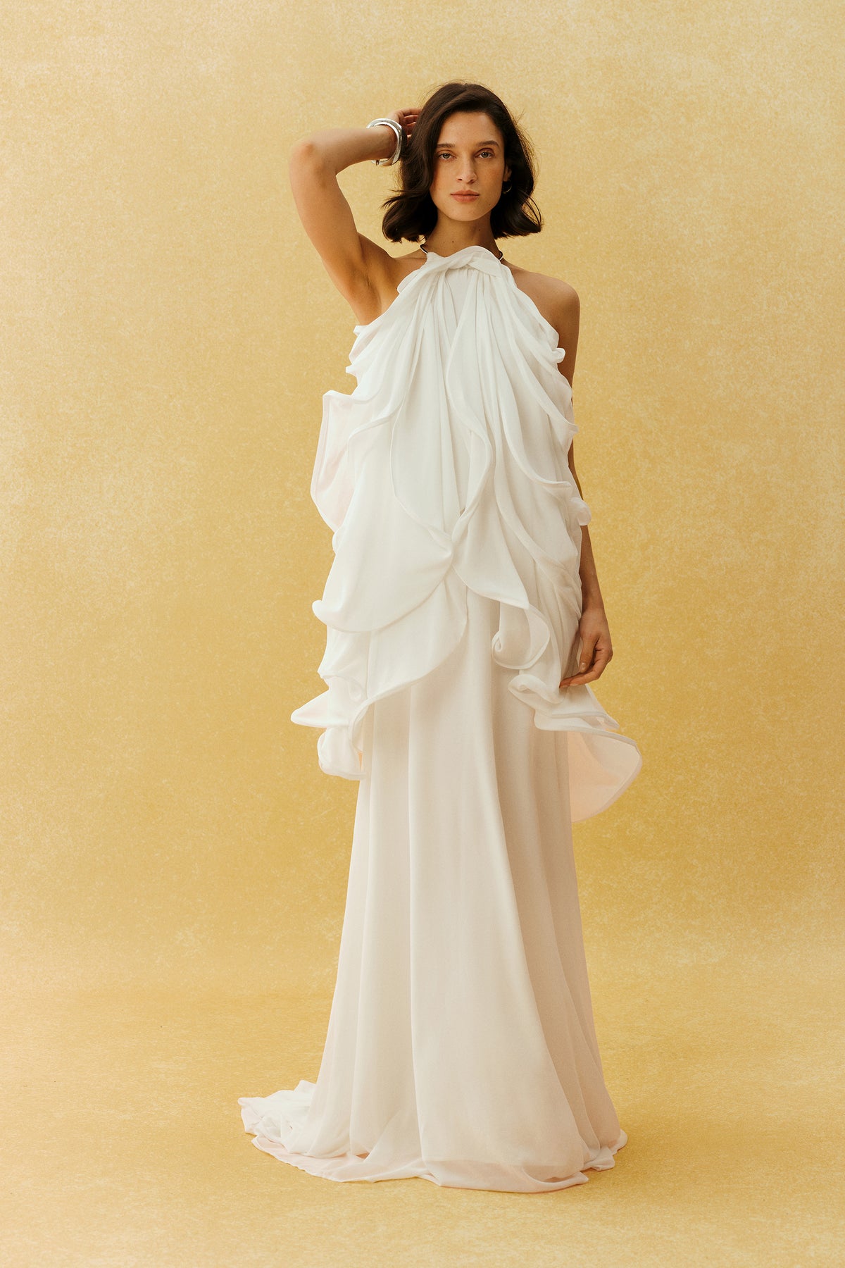 Captured Your Heart White Metal Halter Neck Ruffle Maxi Dress