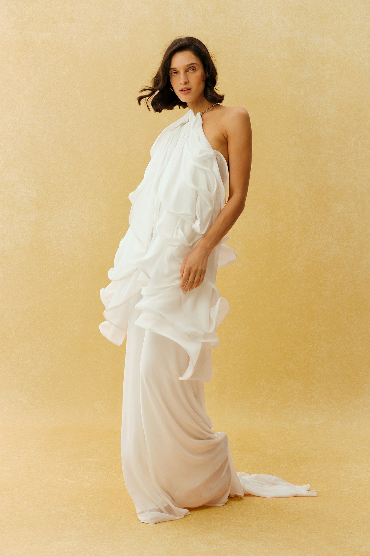 Captured Your Heart White Metal Halter Neck Ruffle Maxi Dress