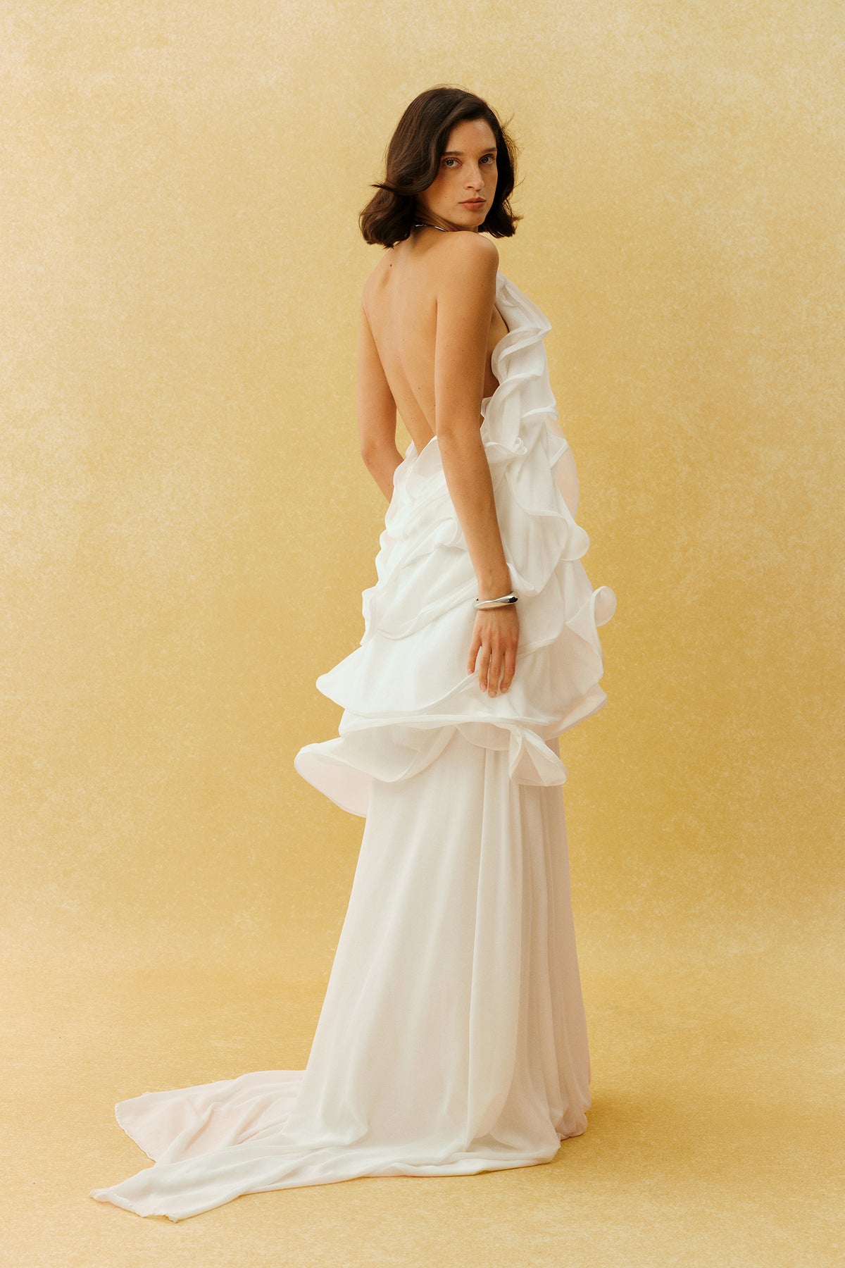 Captured Your Heart White Metal Halter Neck Ruffle Maxi Dress